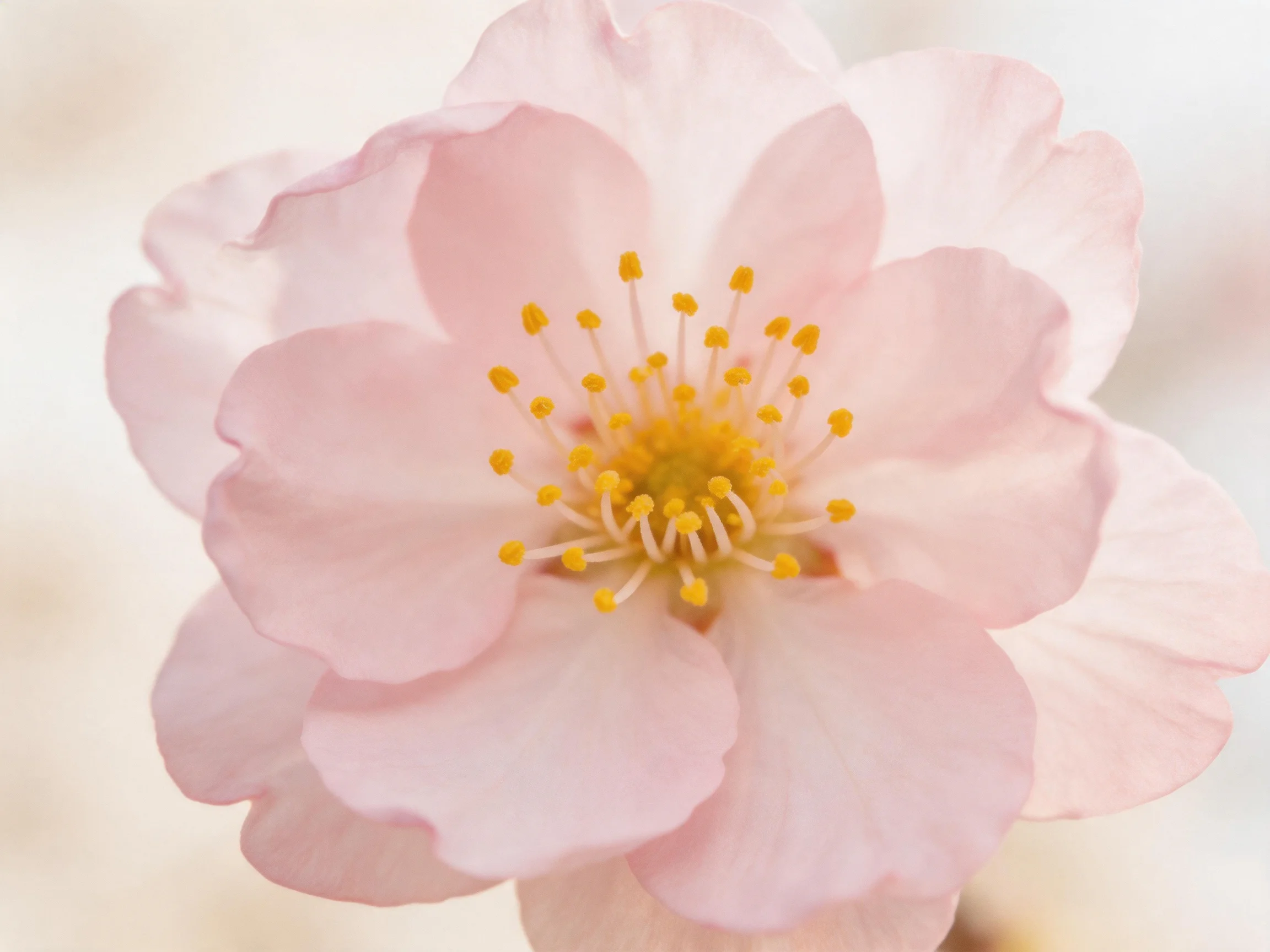 A delicate pink cherry blossom with bright yellow stamens