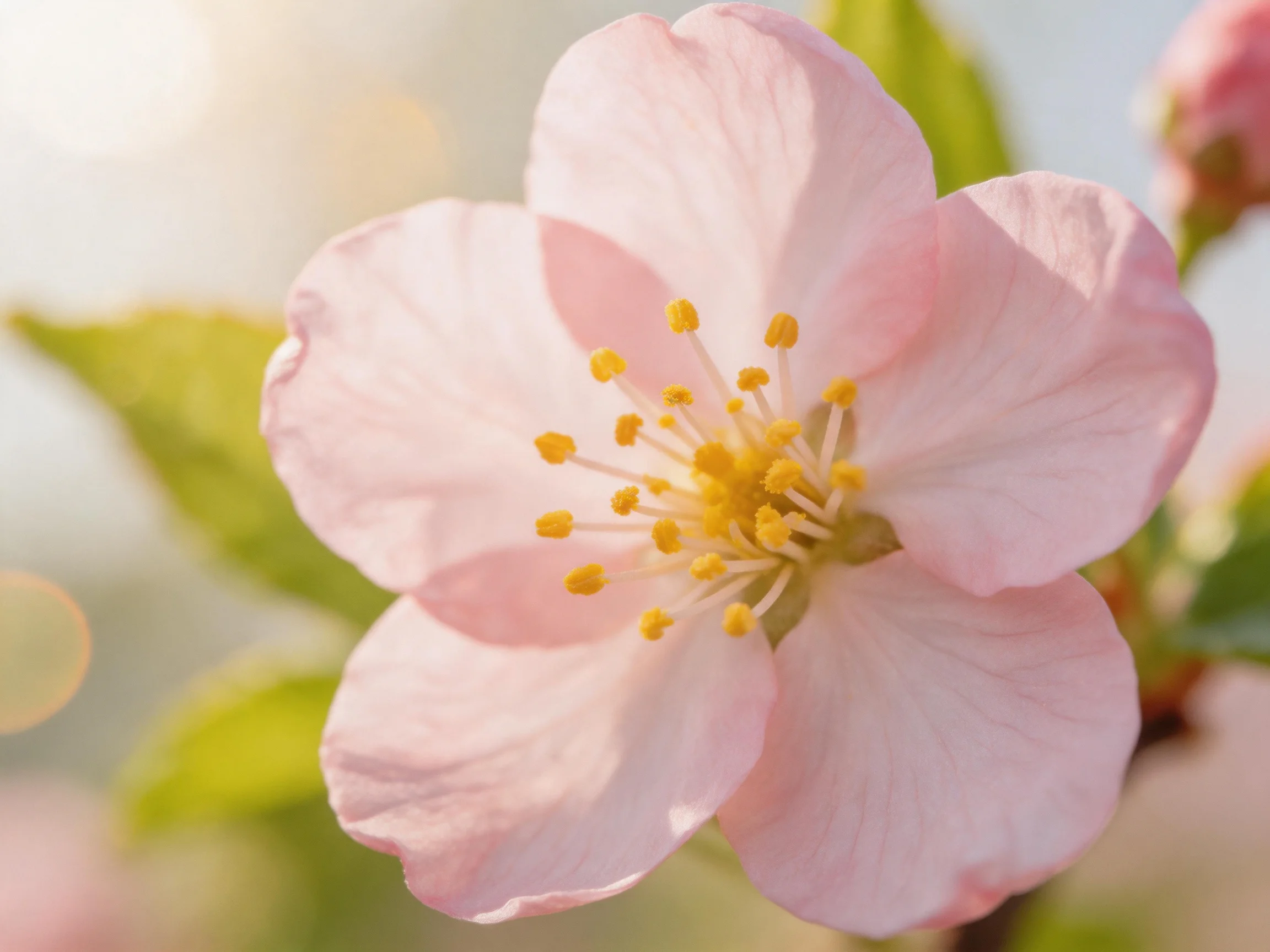 A delicate pink cherry blossom with golden stamens against a blurred green backdrop