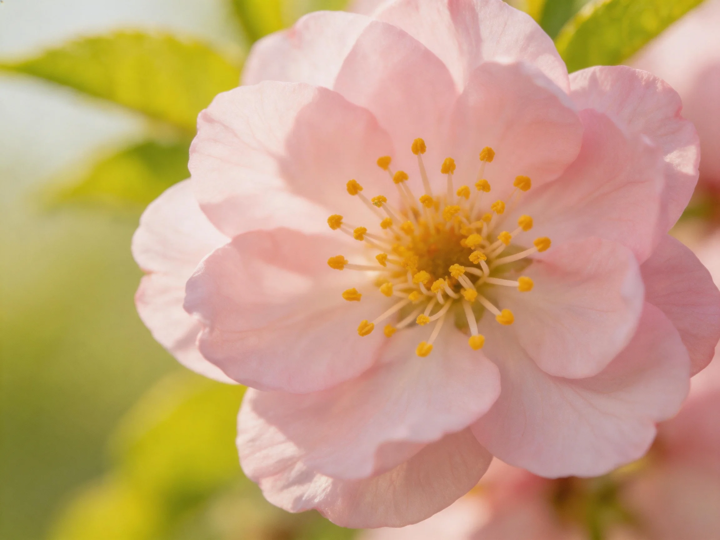 A delicate pink cherry blossom with golden stamens and green foliage