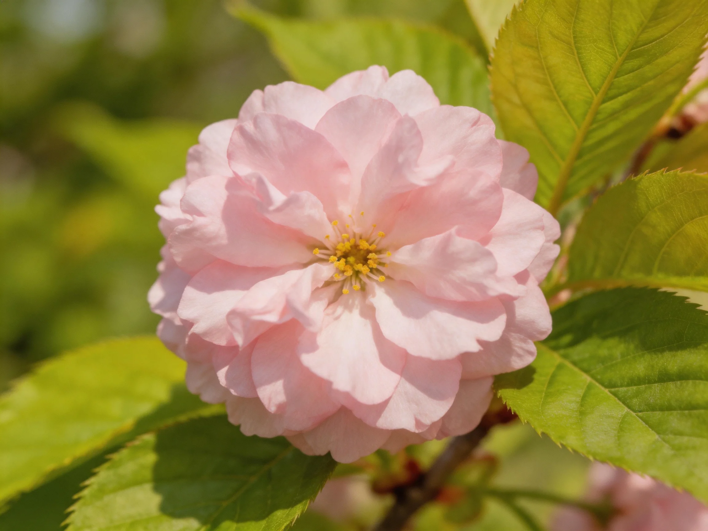 A delicate pink cherry blossom with layered petals and bright green foliage