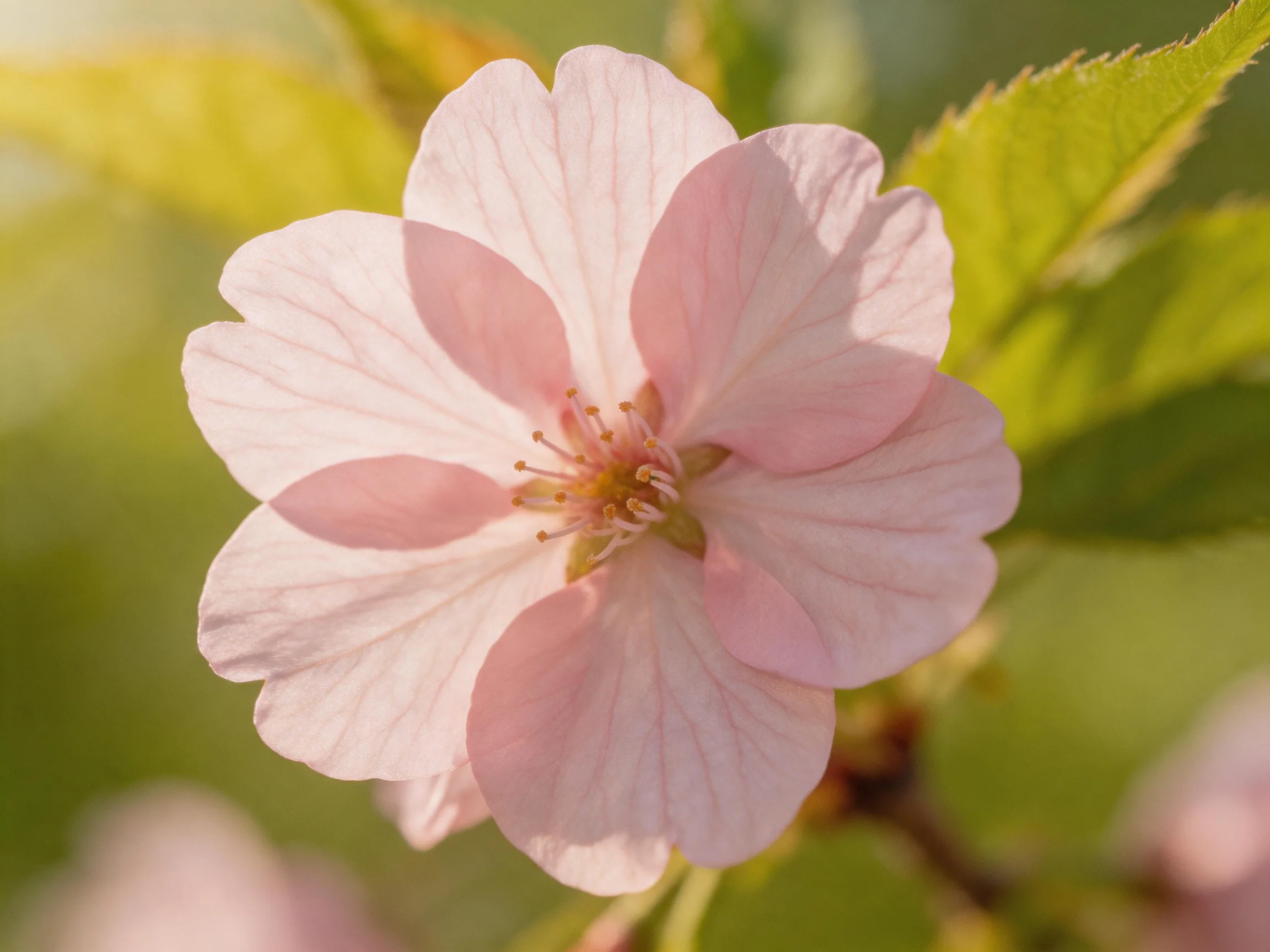 A delicate pink cherry blossom with soft petals and vibrant green leaves