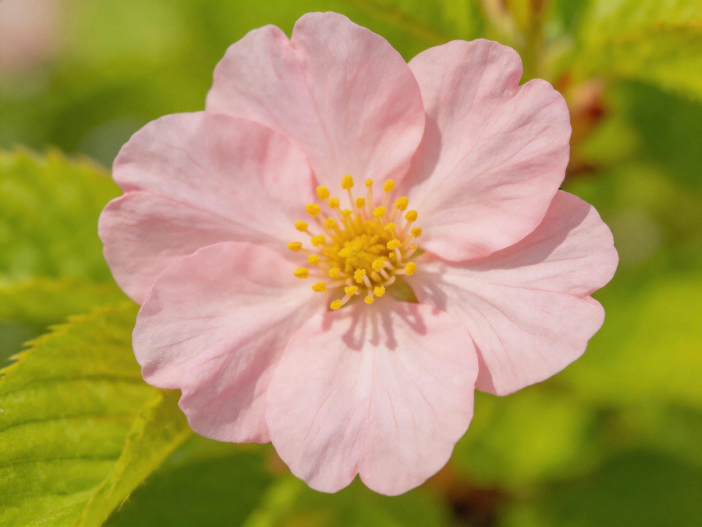 A delicate pink cherry blossom with vibrant yellow stamens
