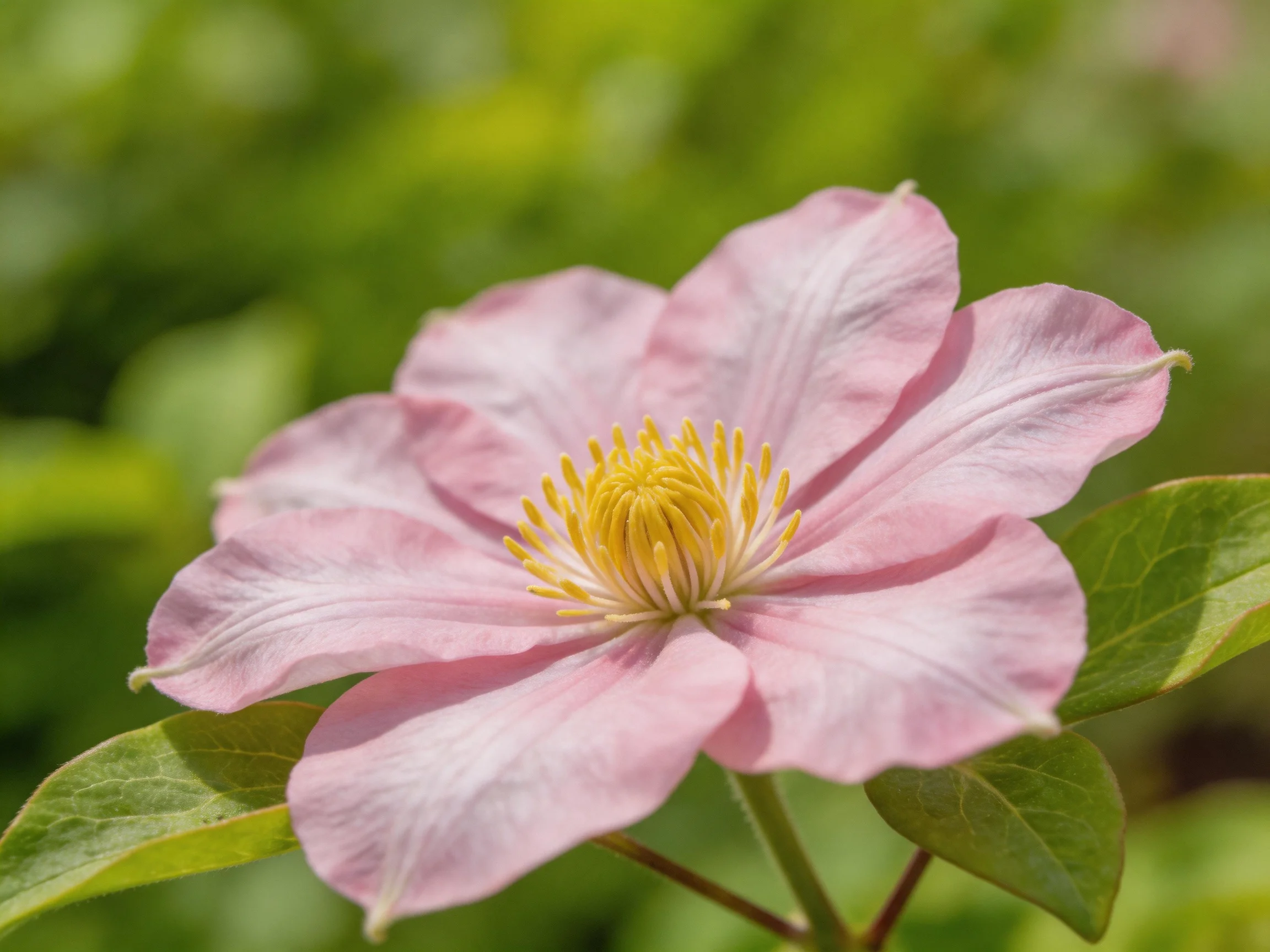 A delicate pink clematis flower with a golden center