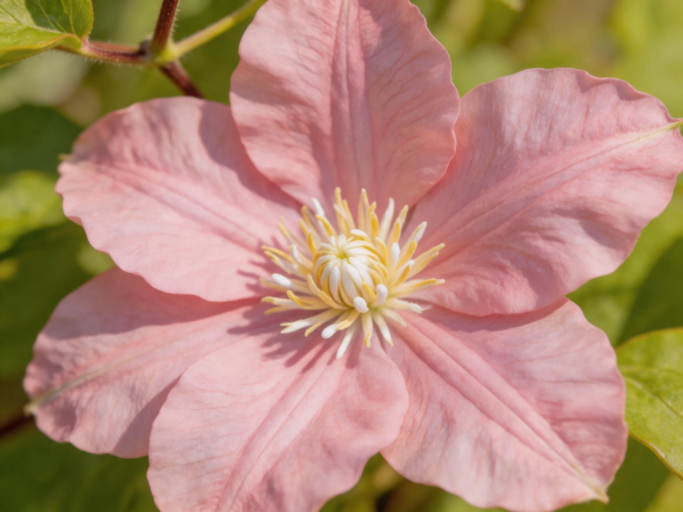 A delicate pink clematis flower with prominent stamens
