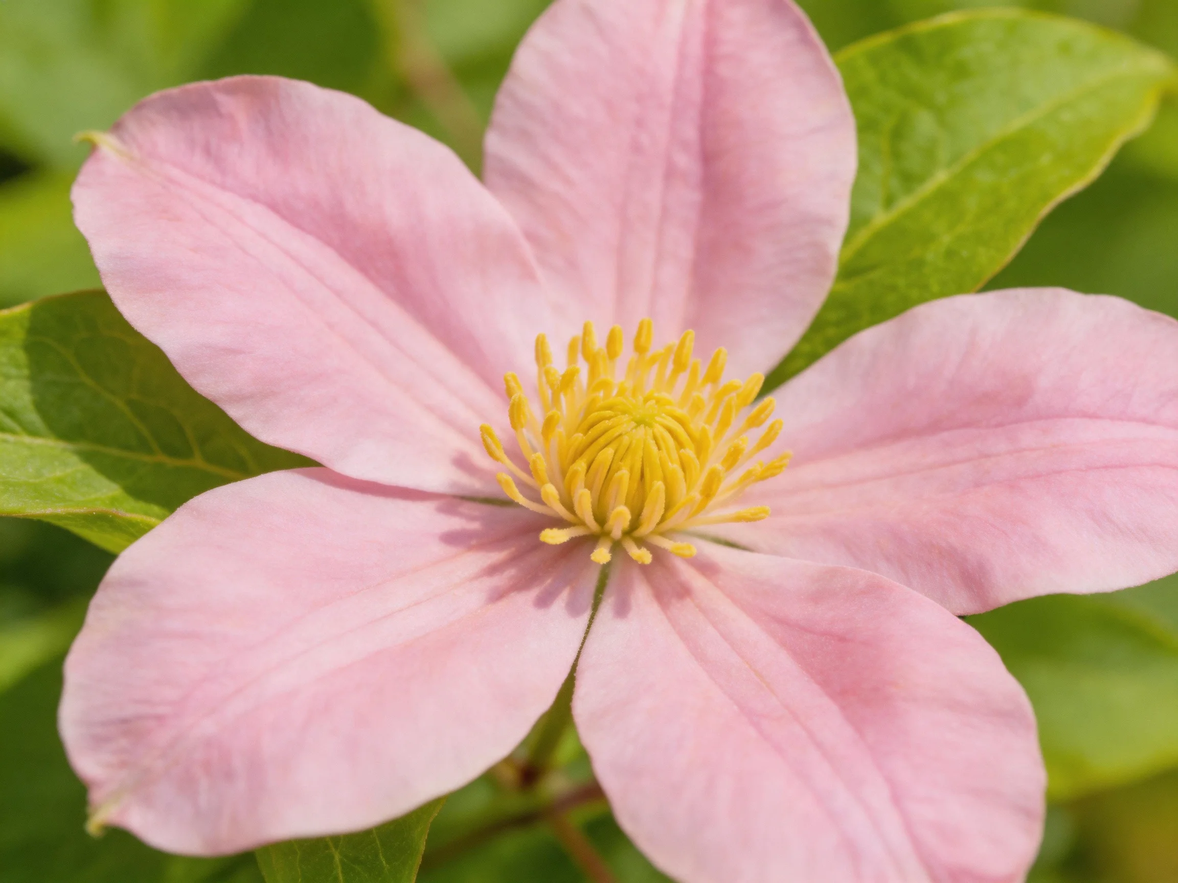 A delicate pink clematis flower with vibrant yellow stamens