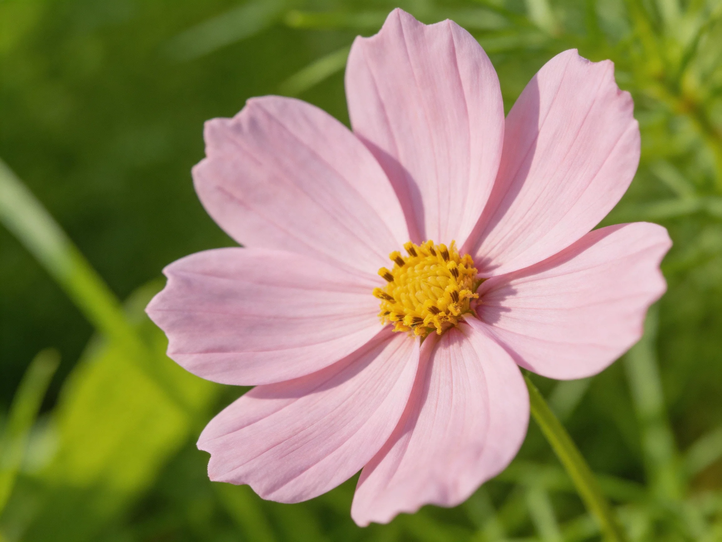 A delicate pink cosmos flower with a bright yellow center