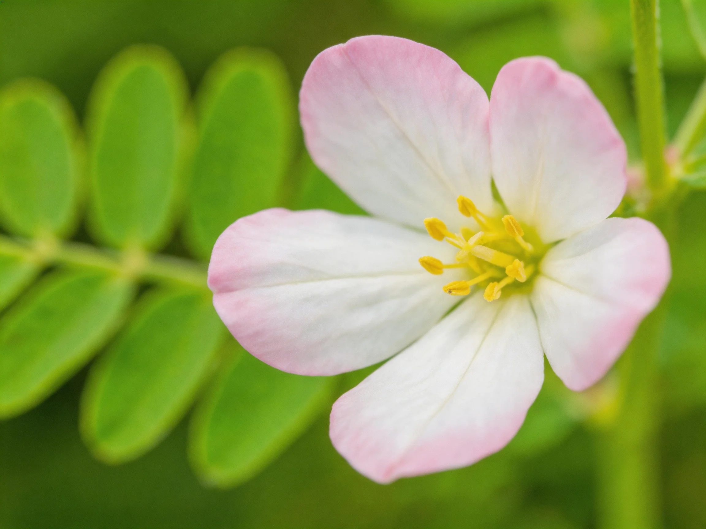 A delicate pink - edged white flower with yellow stamens near oval green leaves