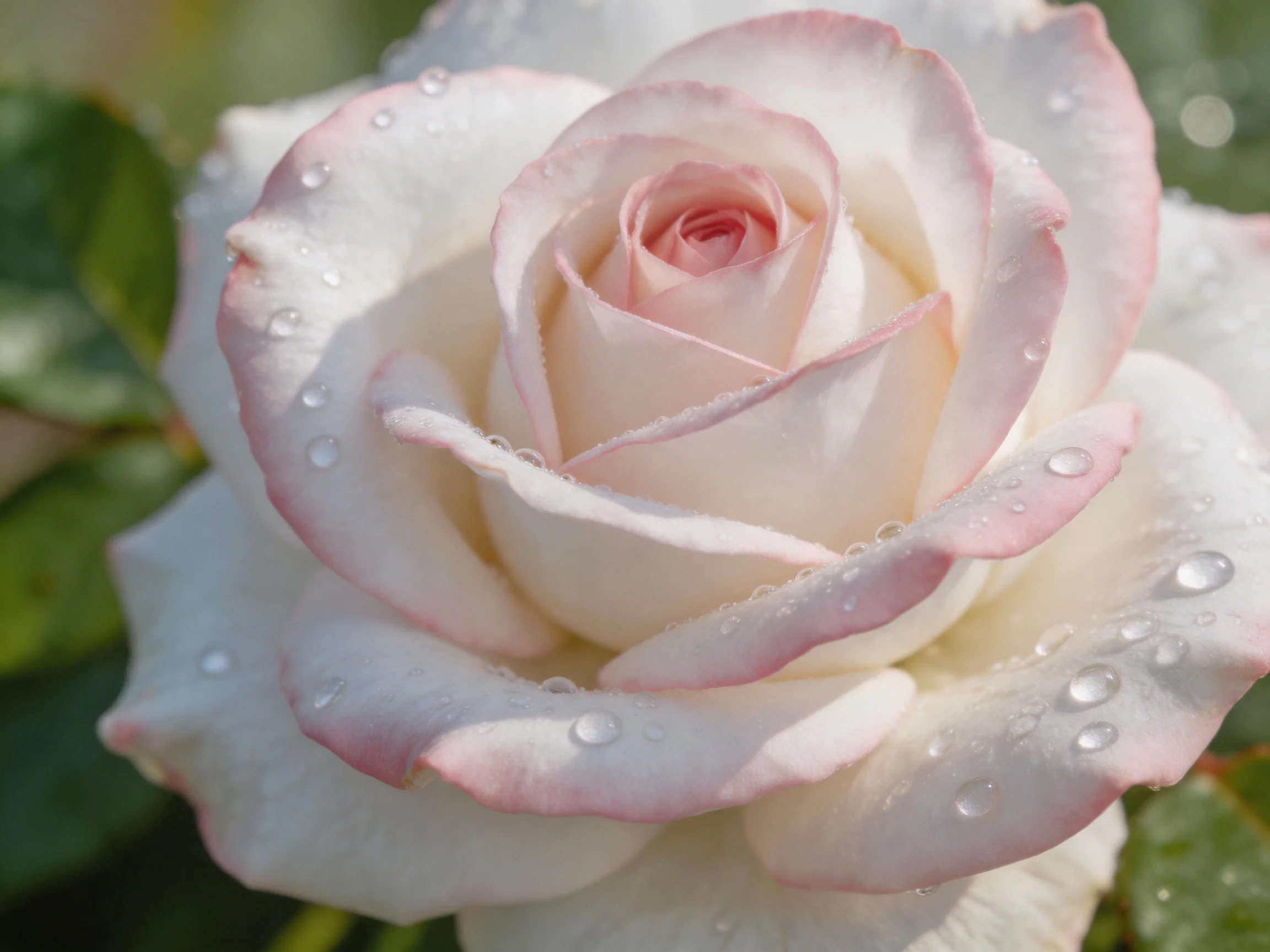 A delicate pink-edged white rose with glistening dewdrops