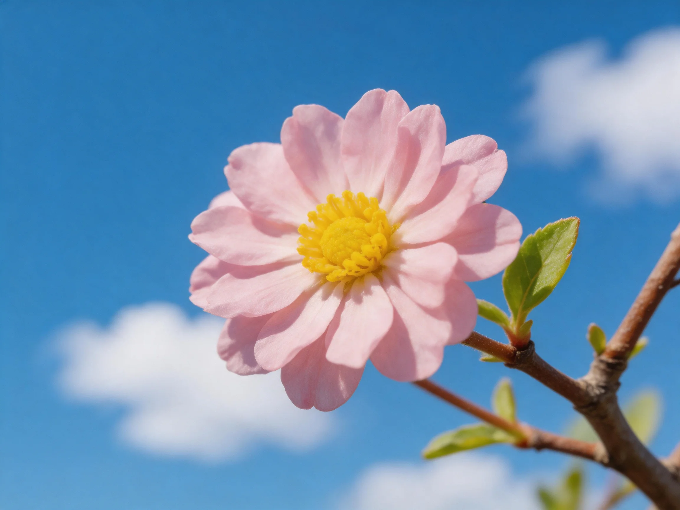 A delicate pink flower blooms against a bright blue sky with white clouds