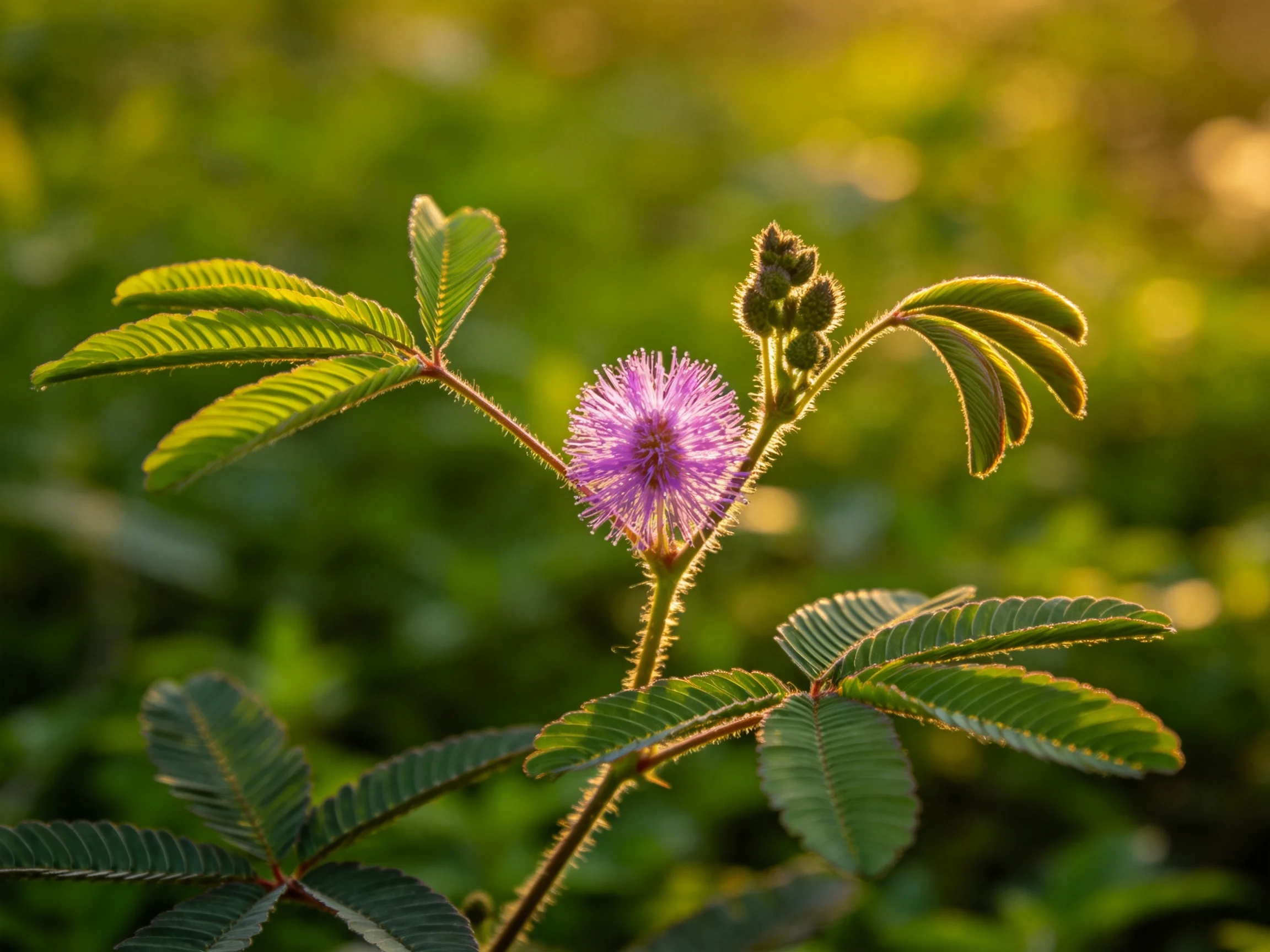 A delicate pink flower blooms amid dense green foliage