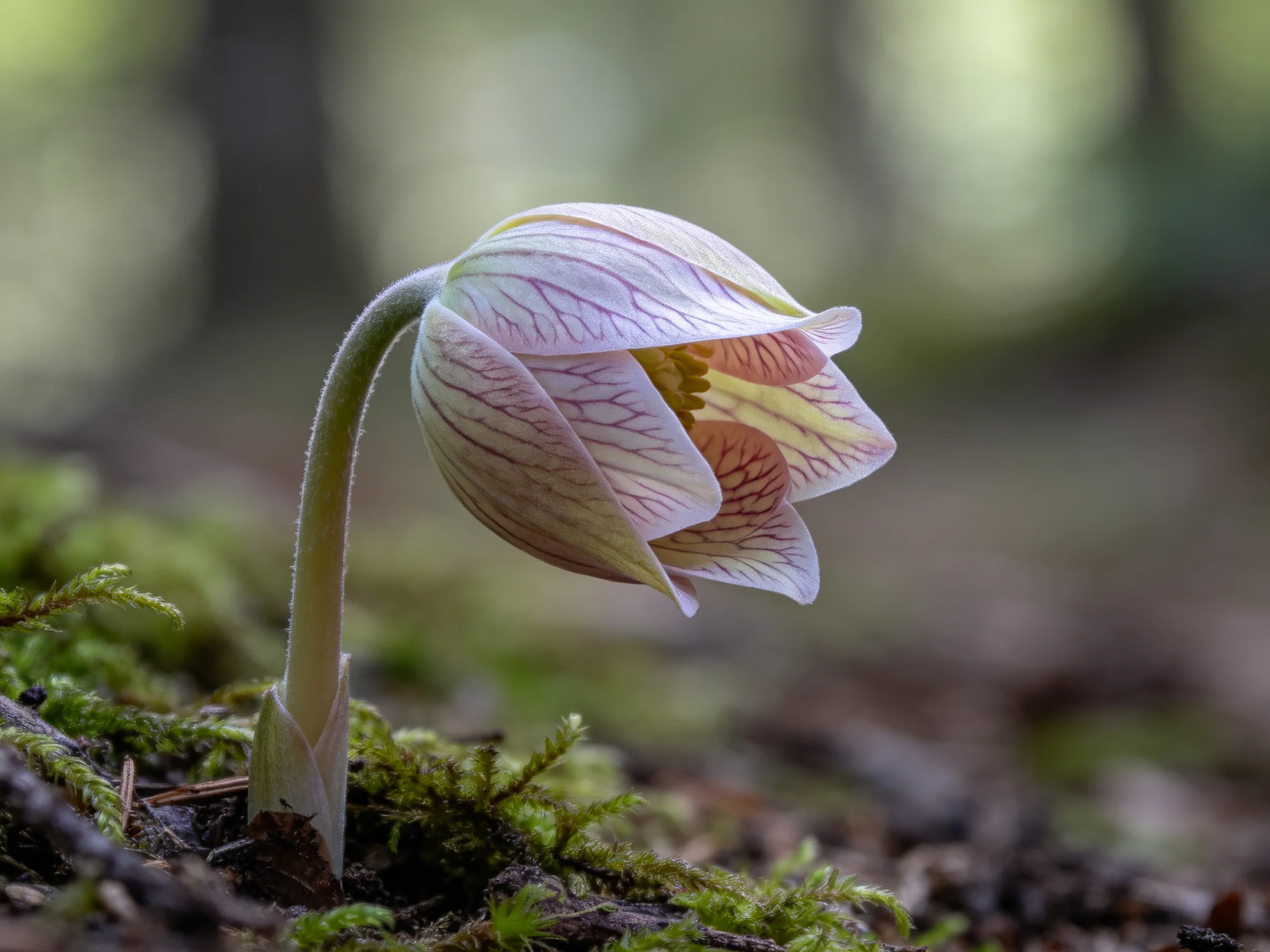 A delicate pink flower blooms among lush green moss in a forest clearing