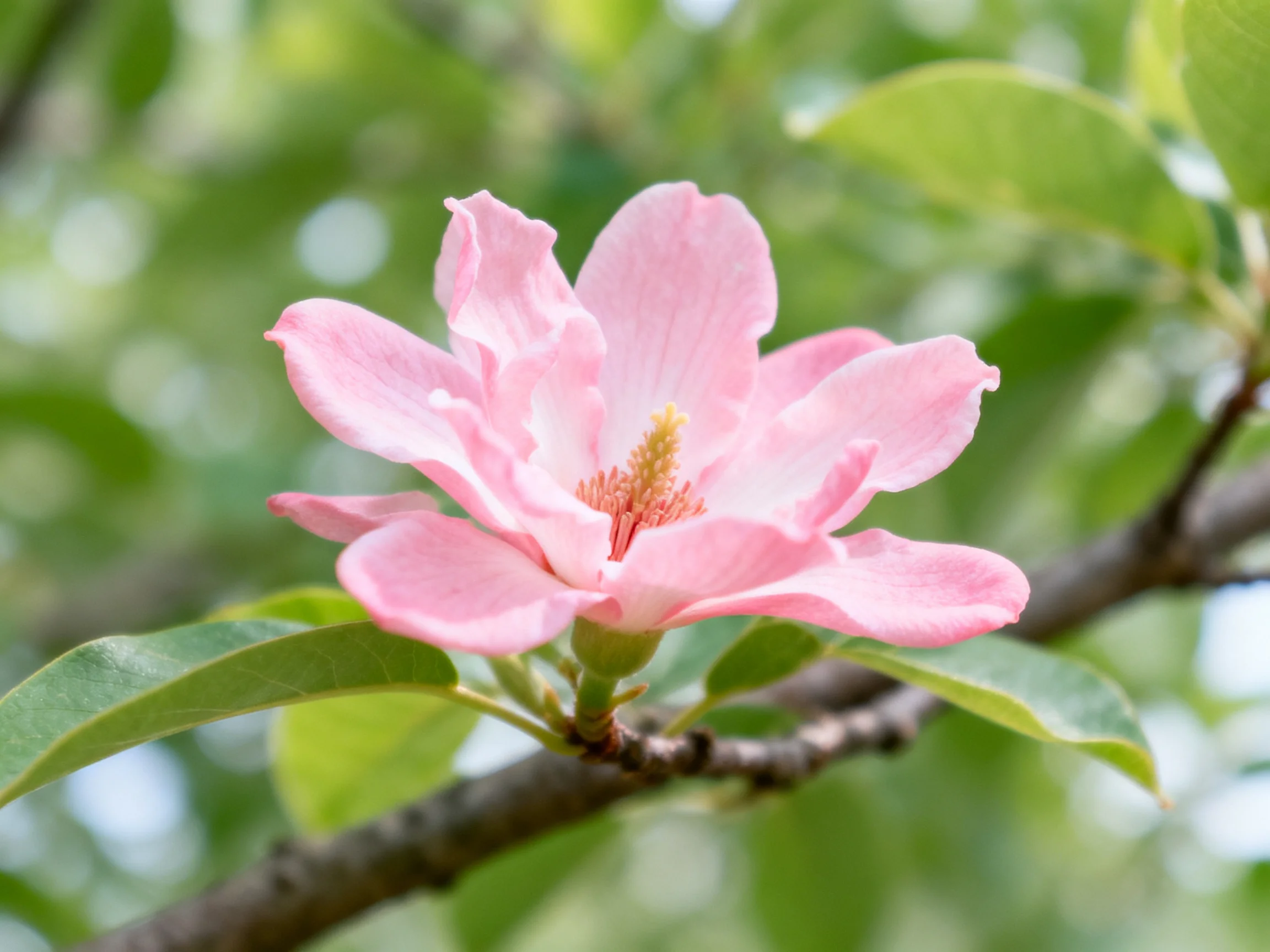 A delicate pink flower blooms on a tree branch