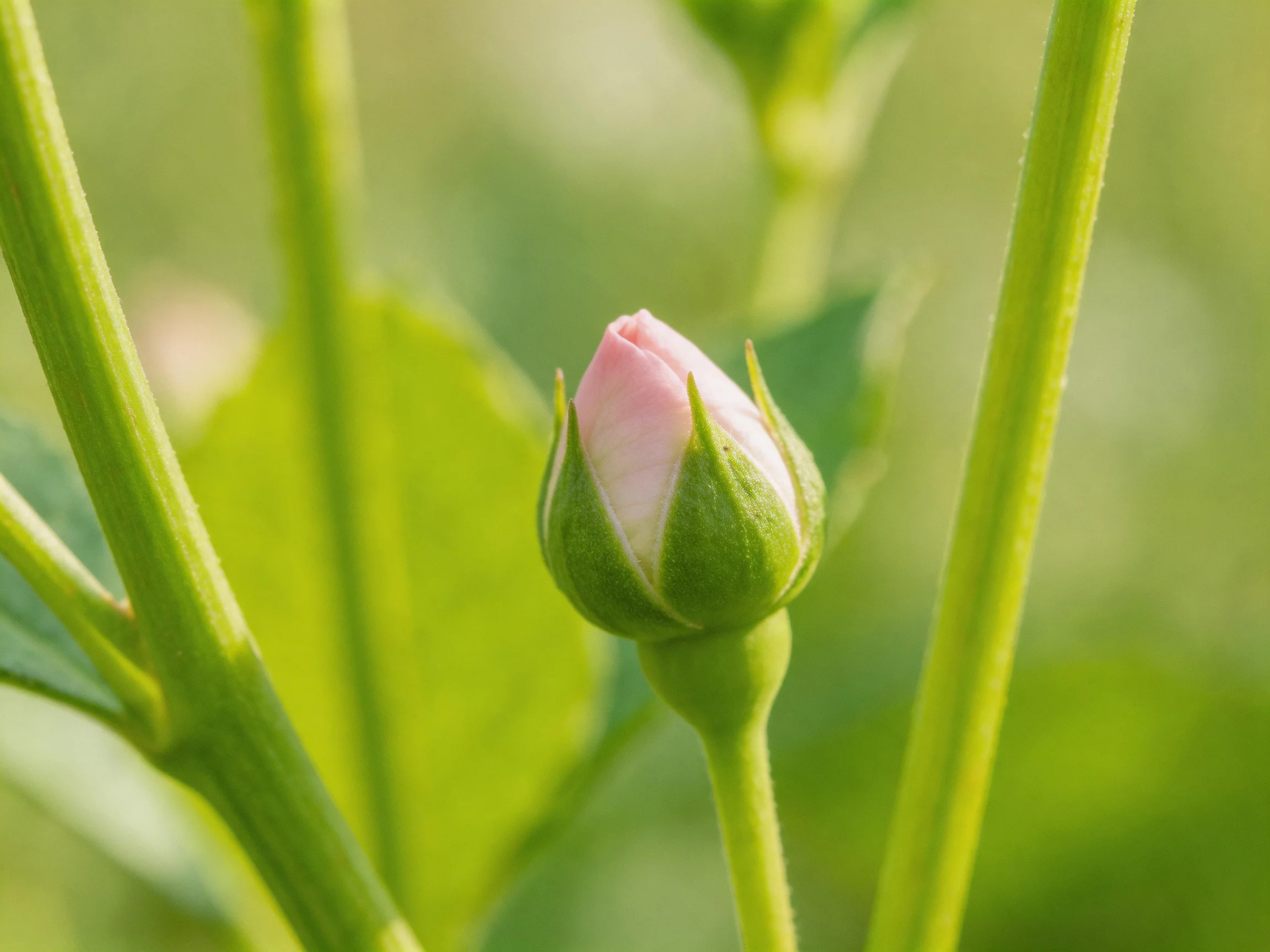 A delicate pink flower bud surrounded by vibrant green stems