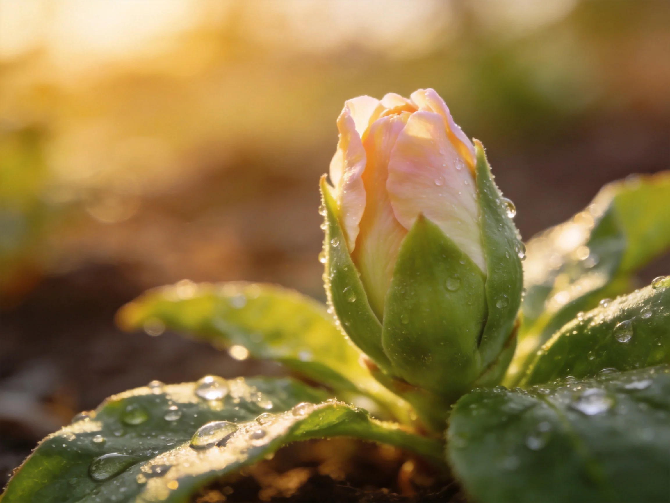 A delicate pink flower bud with dewdrops, green leaves, and golden sunlight