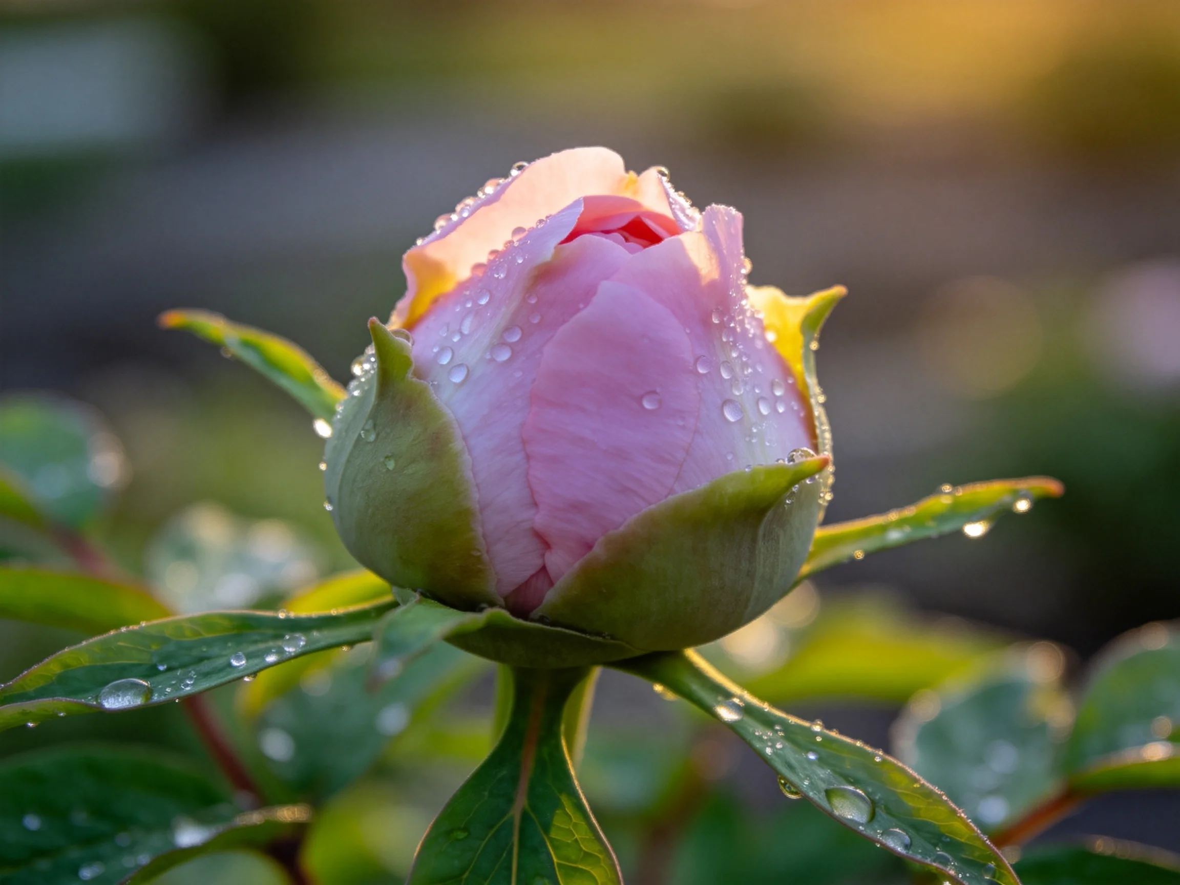 A delicate pink flower bud with glistening dewdrops