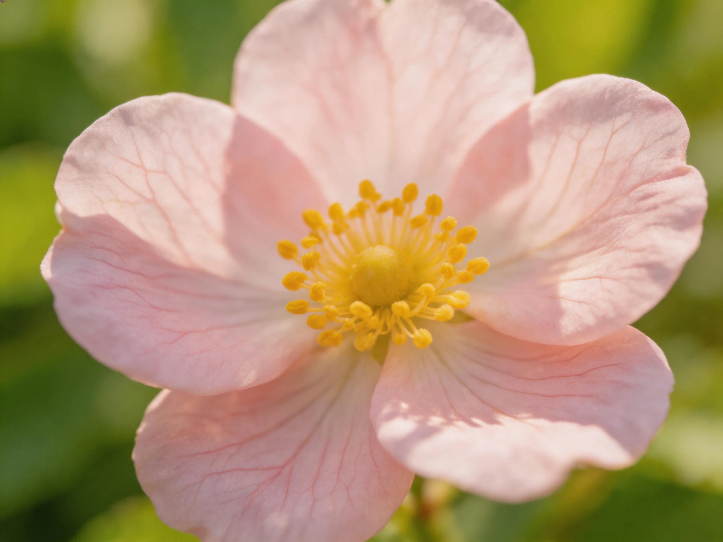 A delicate pink flower with a vibrant yellow center
