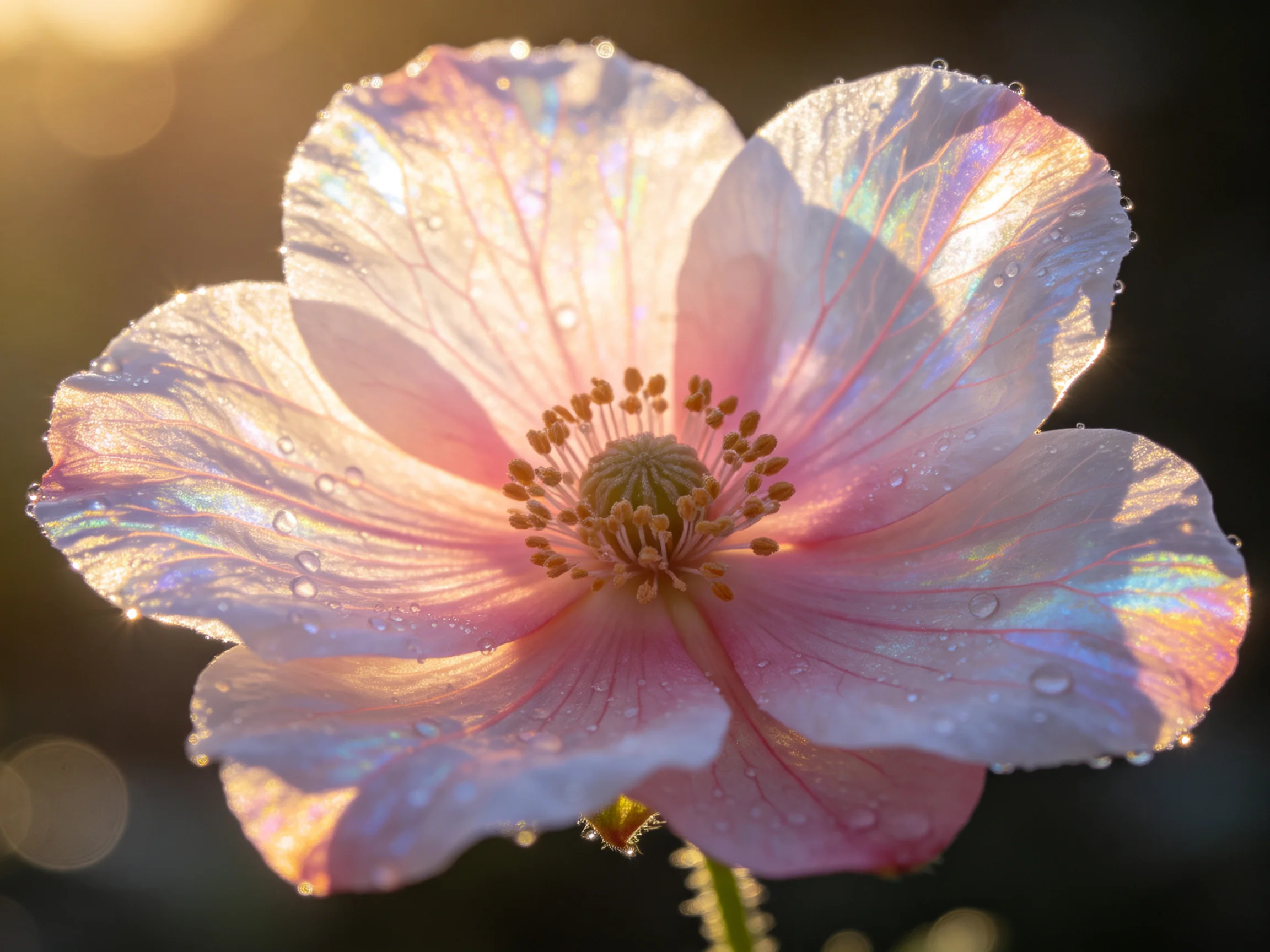 A delicate pink flower with iridescent petals and dew drops under warm sunlight