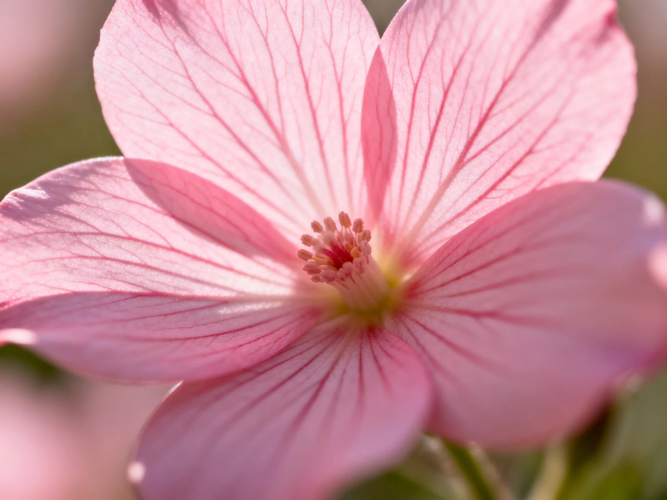 A delicate pink flower with prominent petal veins in soft focus