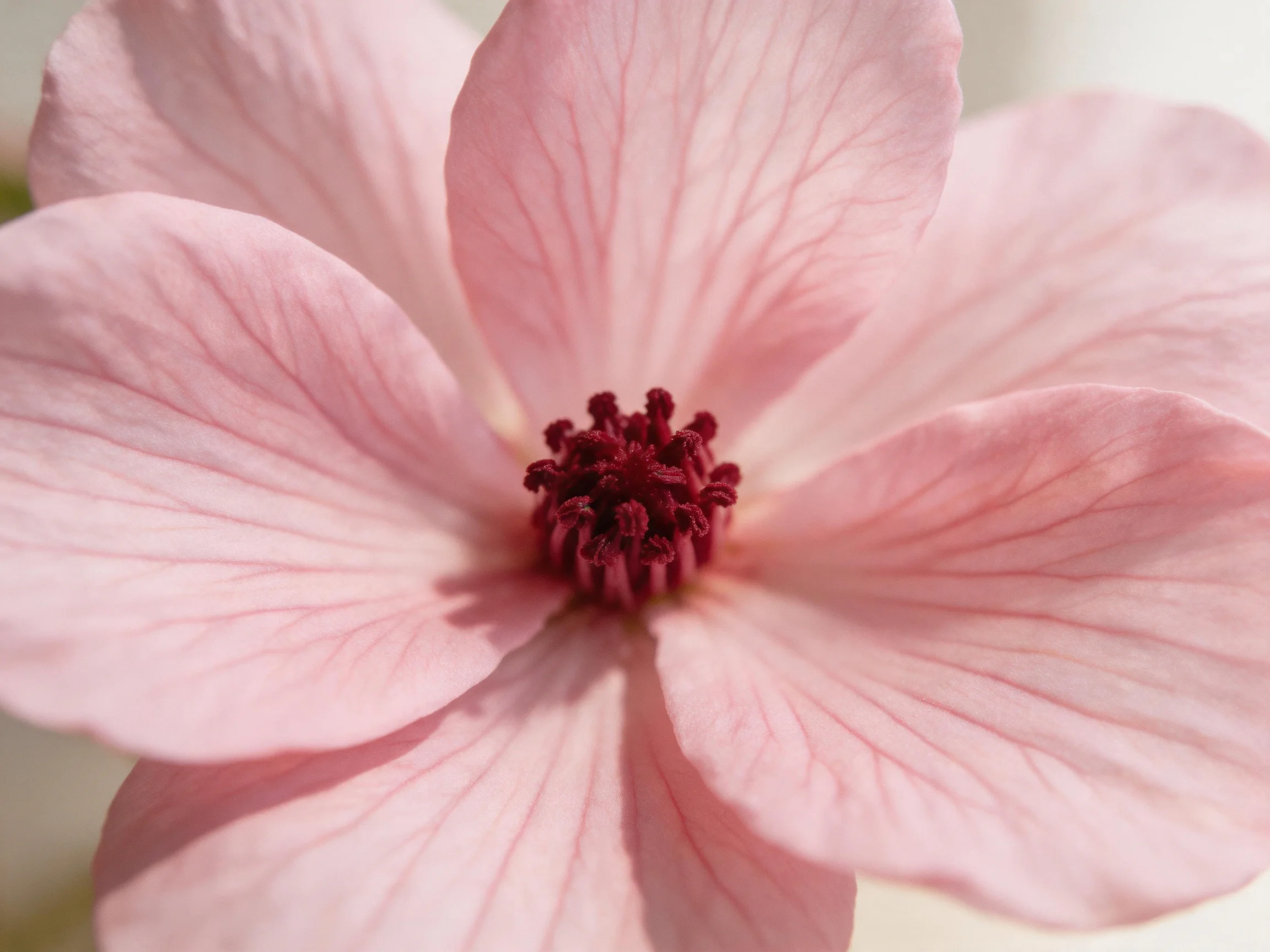 A delicate pink flower with prominent veined petals and a dark central core