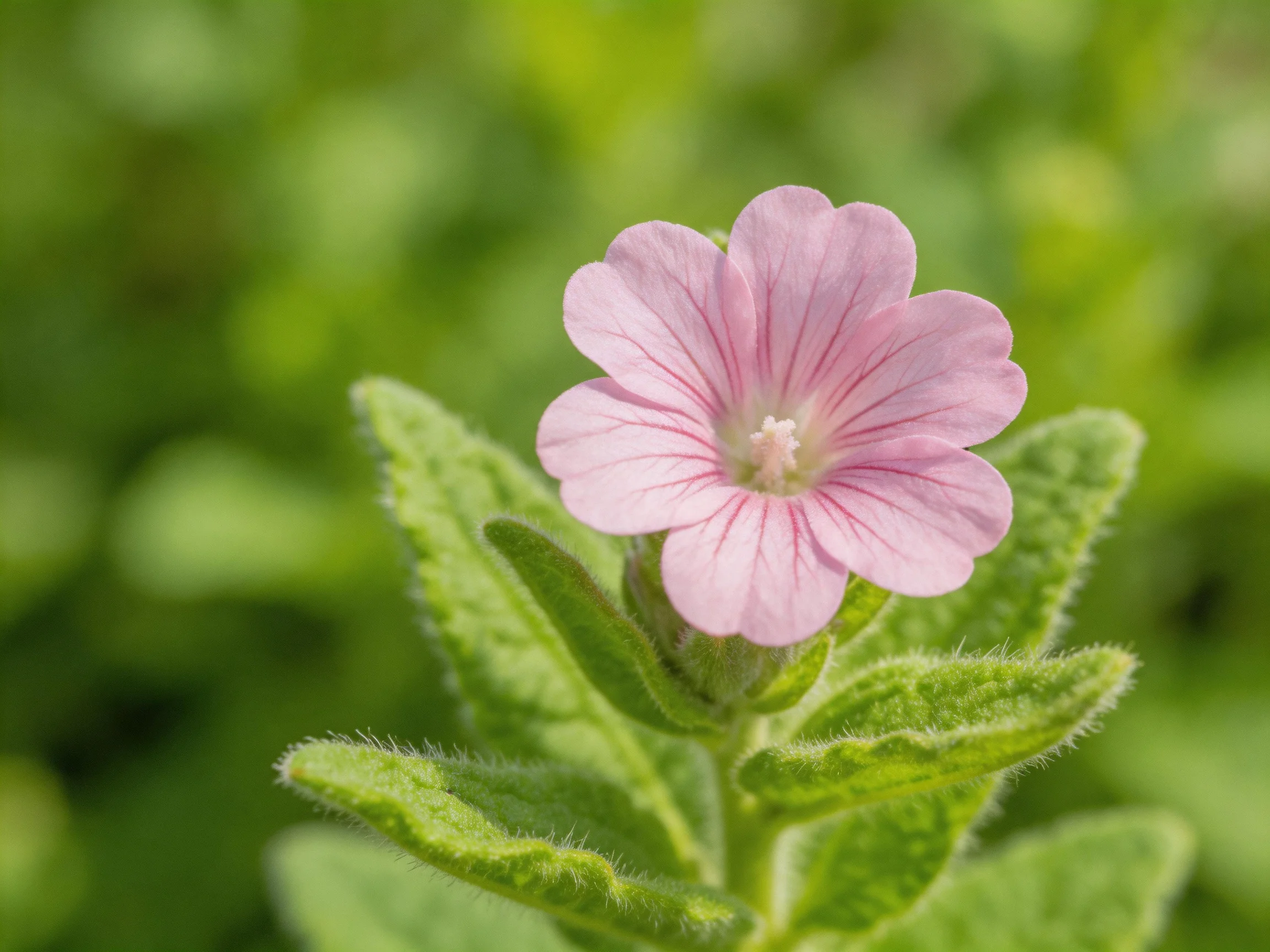 A delicate pink flower with striped petals among fuzzy green leaves