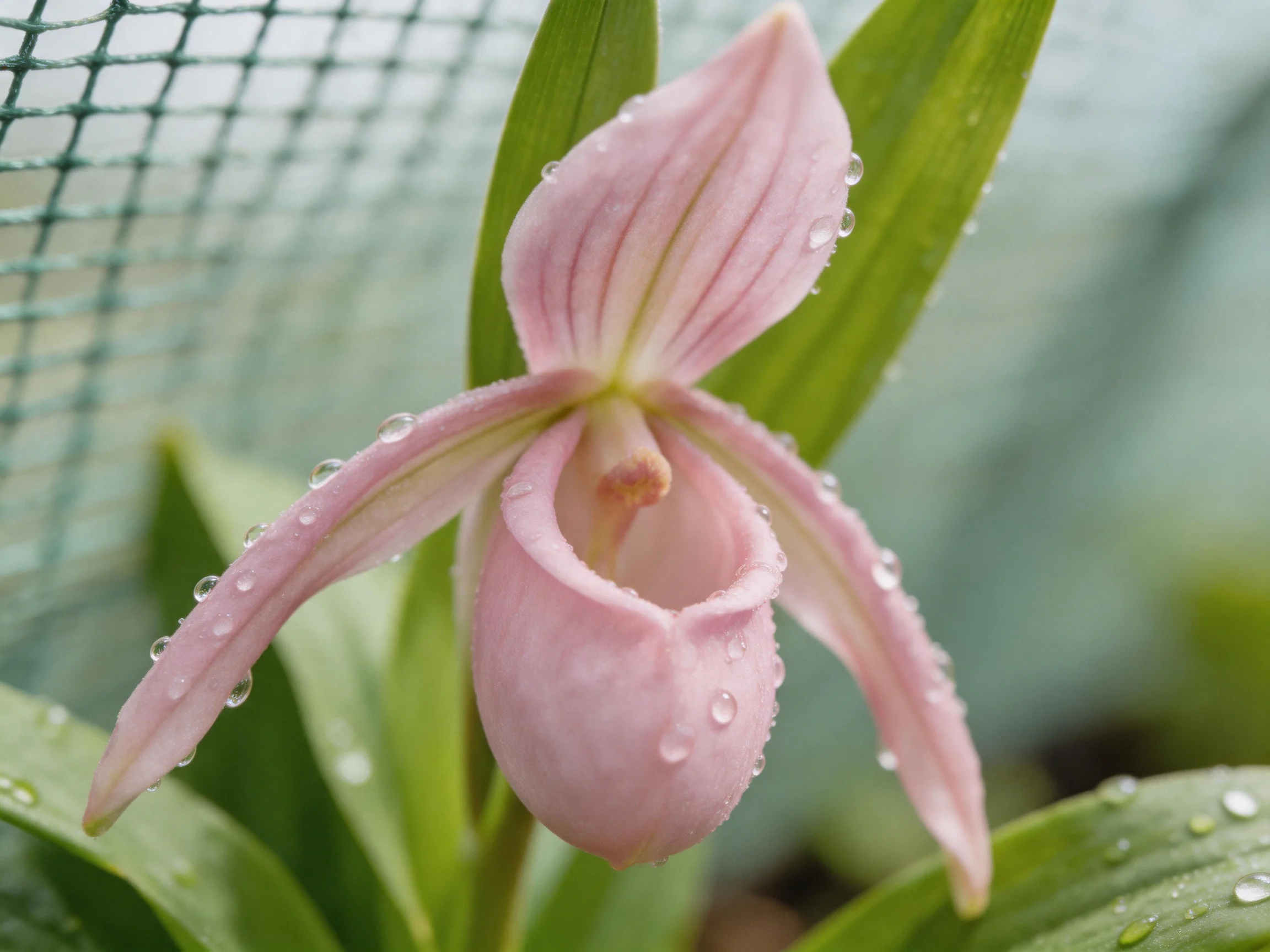 A delicate pink lady slipper orchid with dewdrops on petals