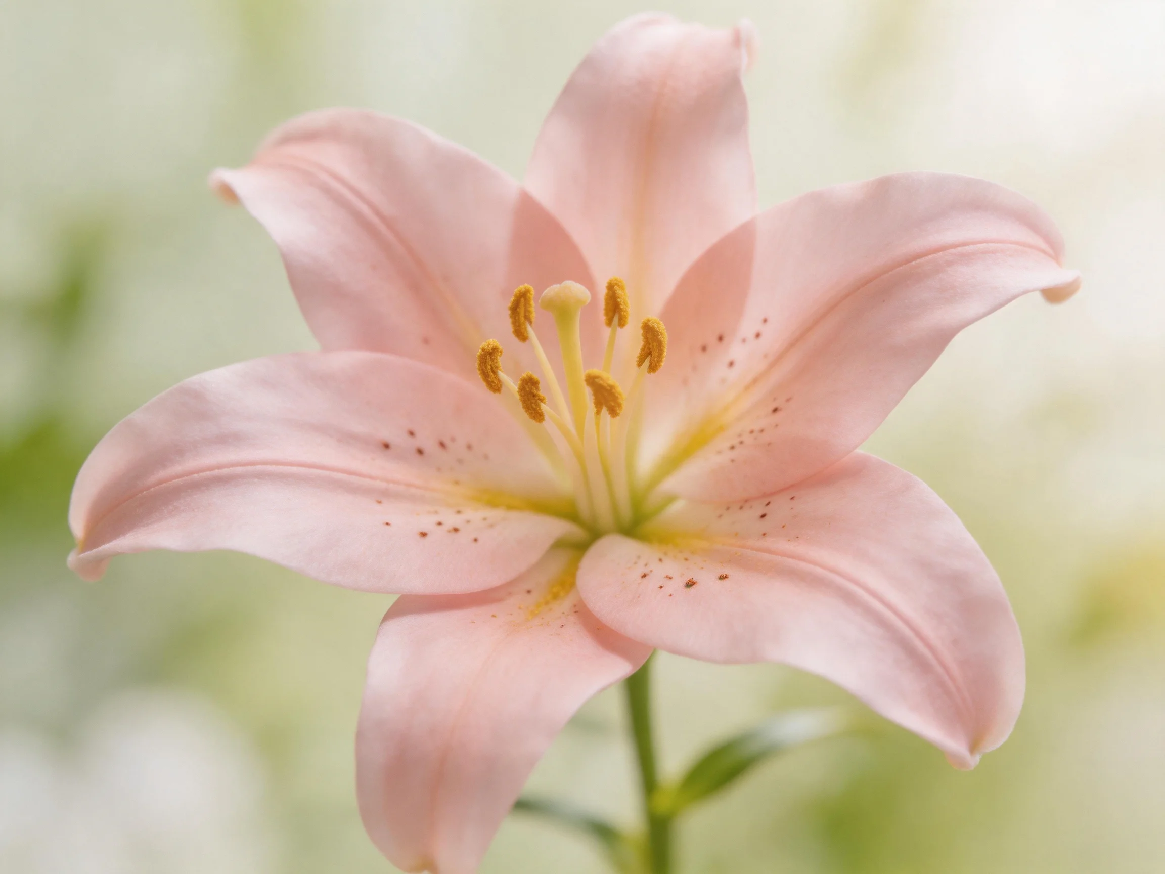 A delicate pink lily with speckled petals and golden stamens