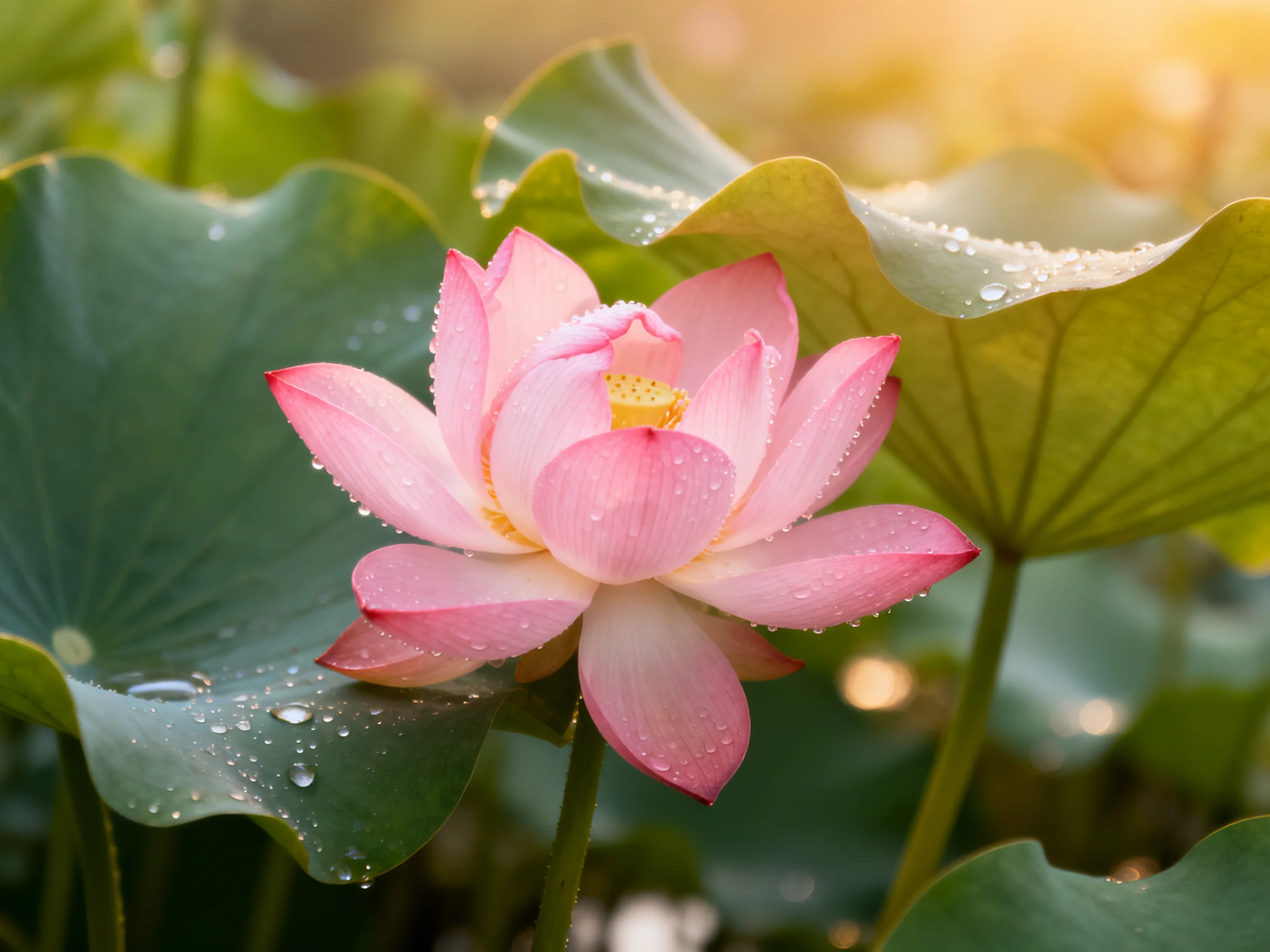 A delicate pink lotus blooming among large green lily pads with dewdrops