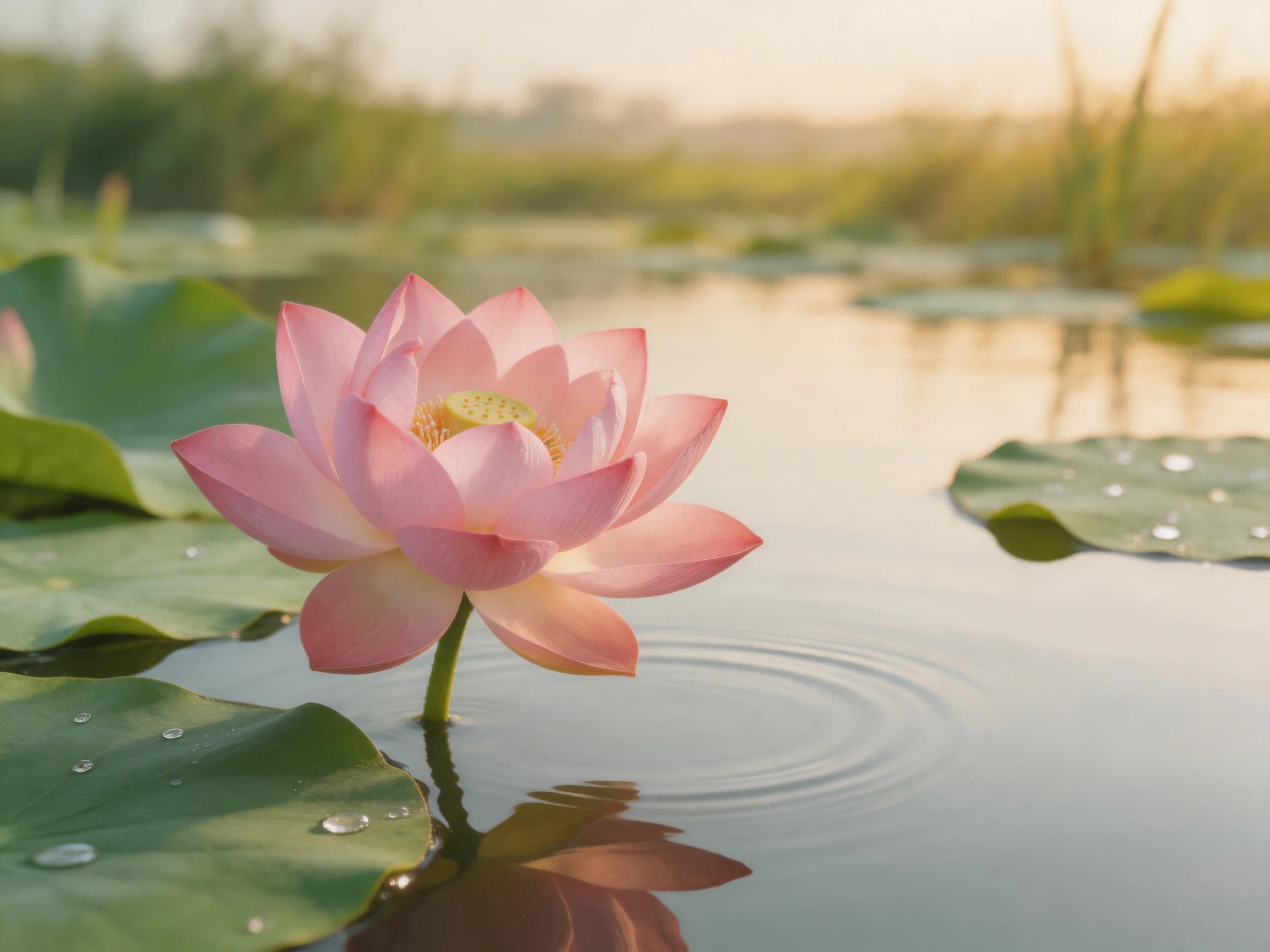 A delicate pink lotus blooms amid green lily pads in calm water