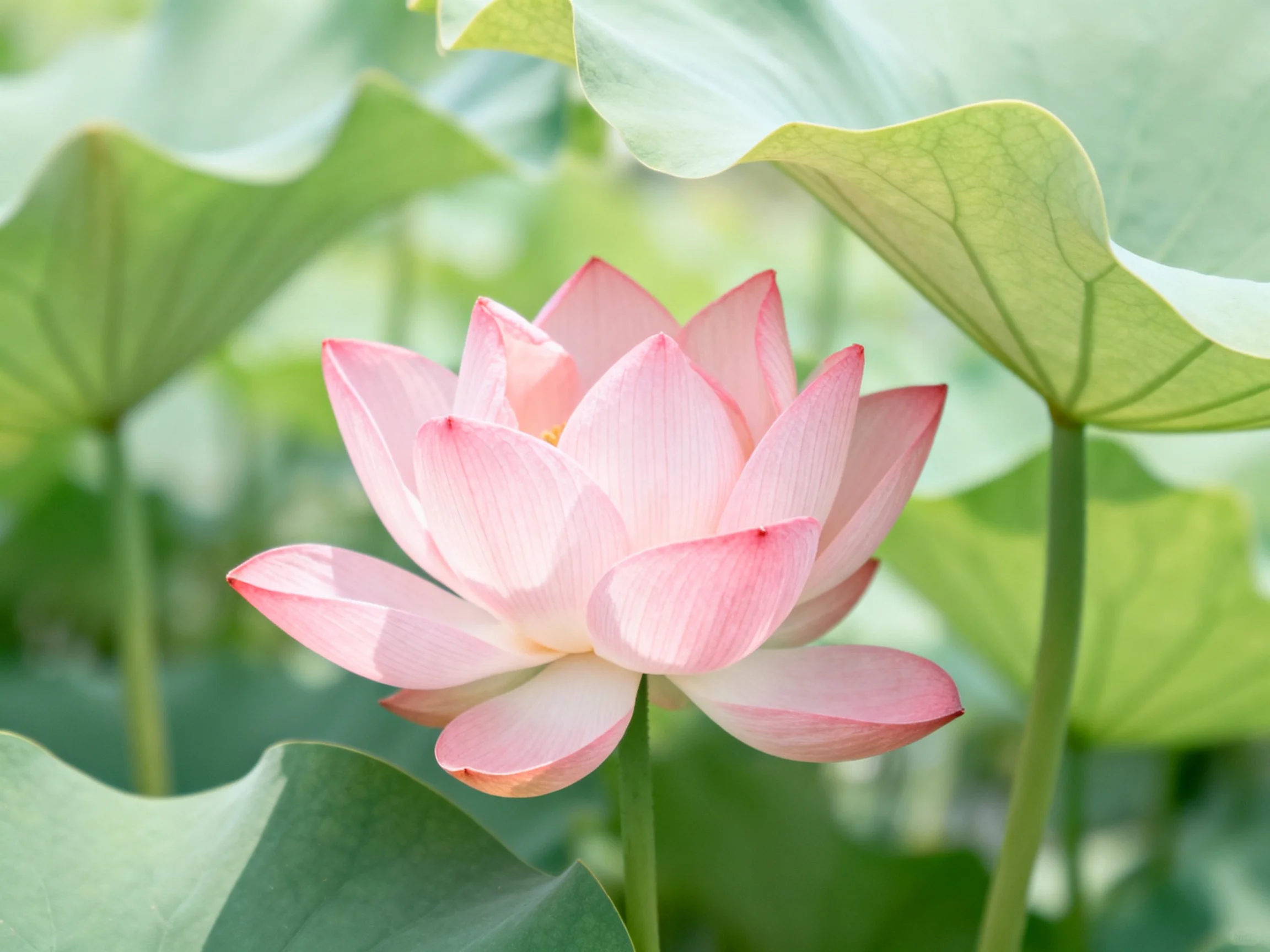 A delicate pink lotus blooms amid large green leaves