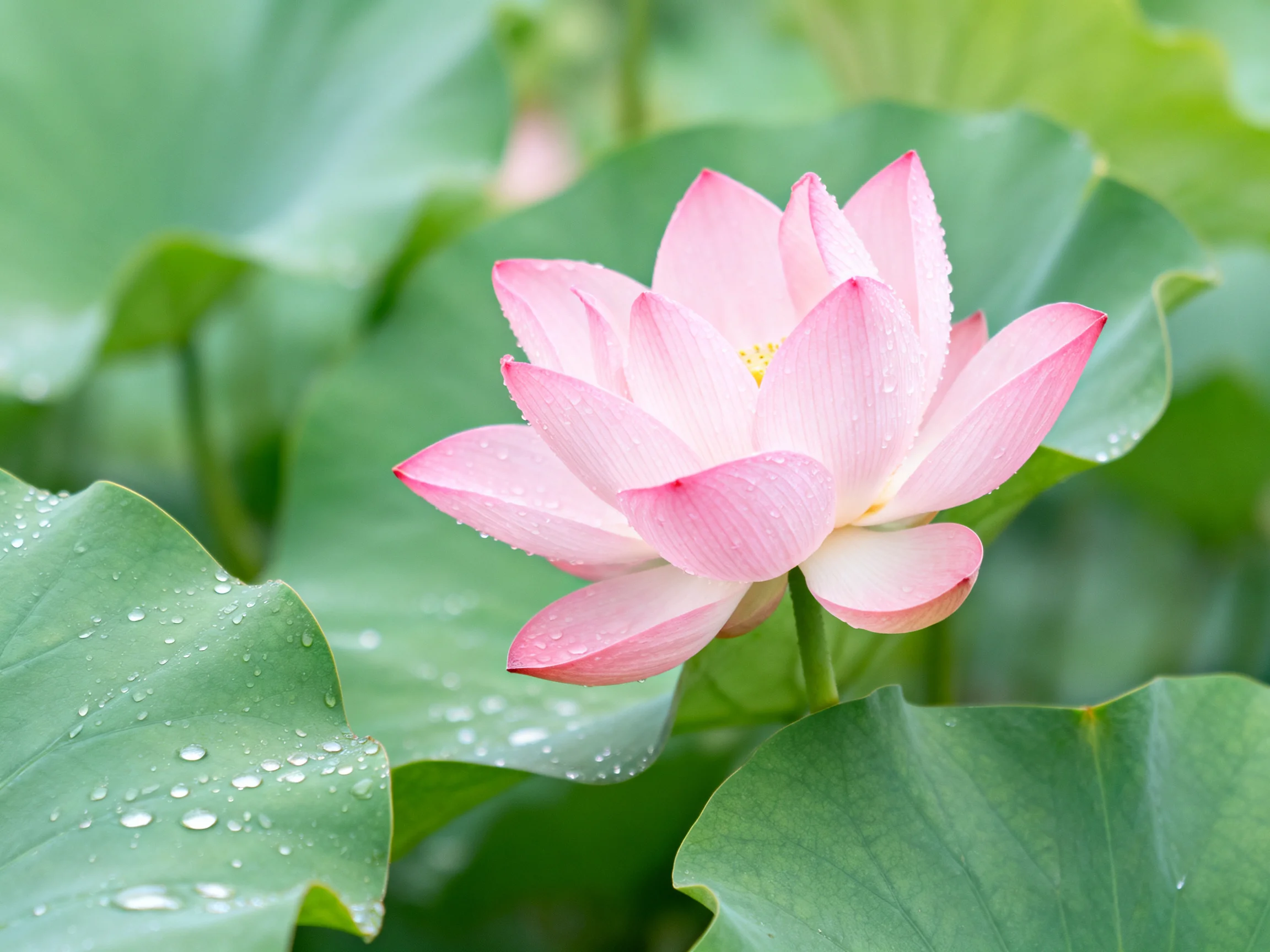 A delicate pink lotus blooms amid large green leaves with dewdrops