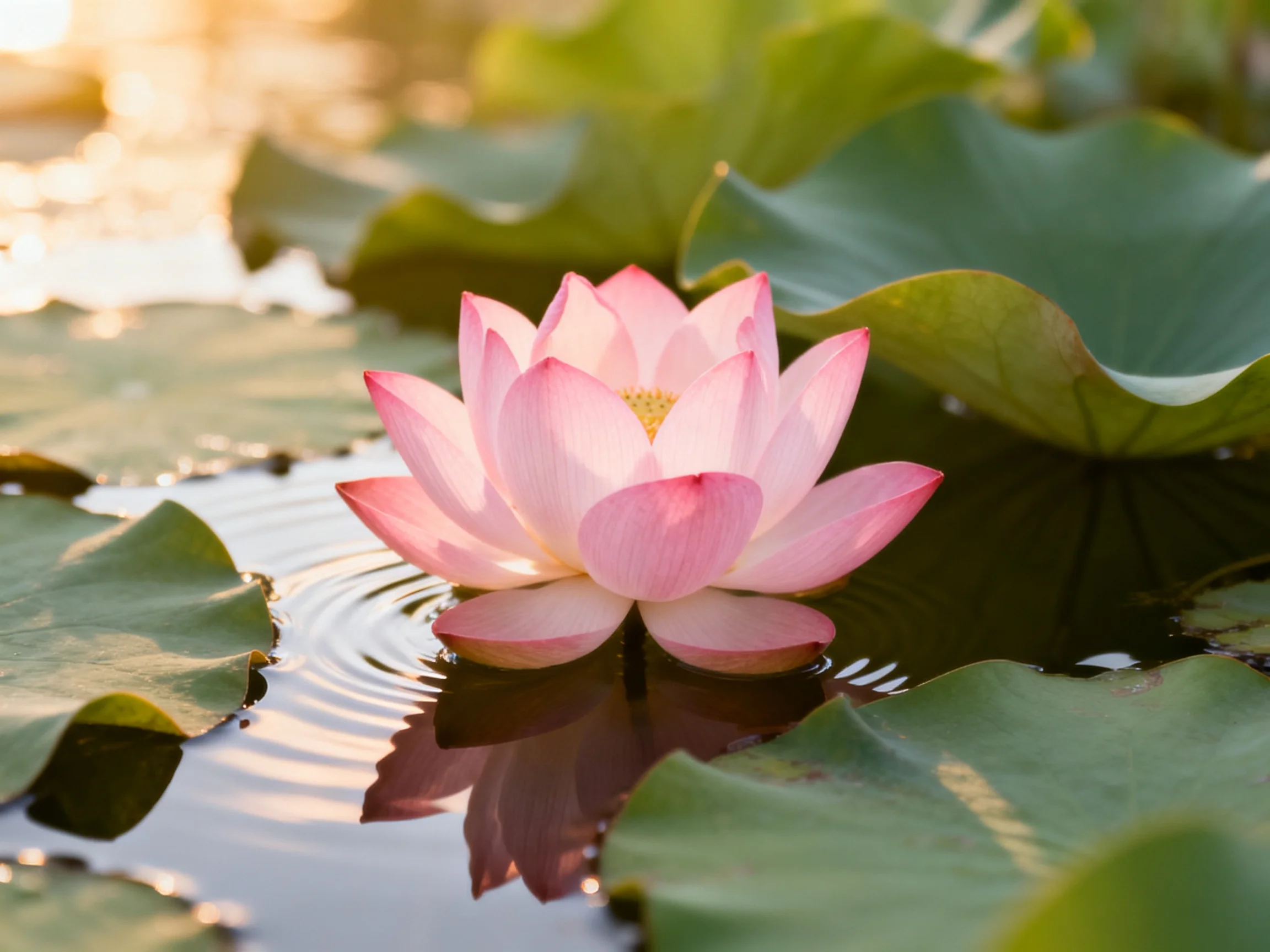 A delicate pink lotus blooms amid large green lily pads in calm water