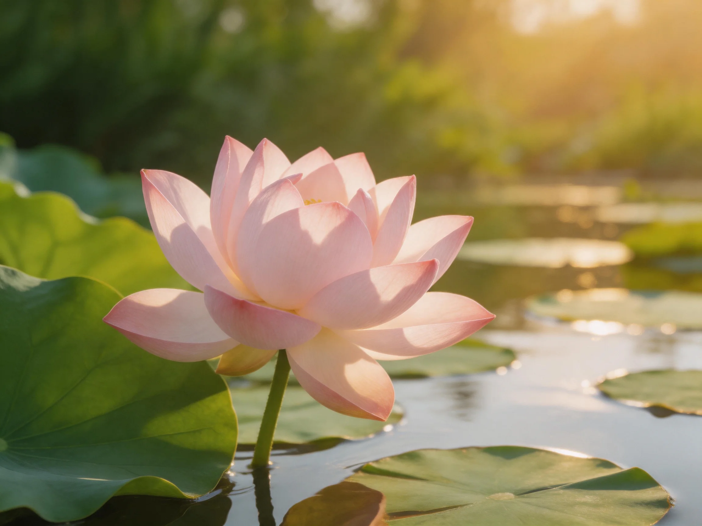 A delicate pink lotus blooms among green lily pads in calm water
