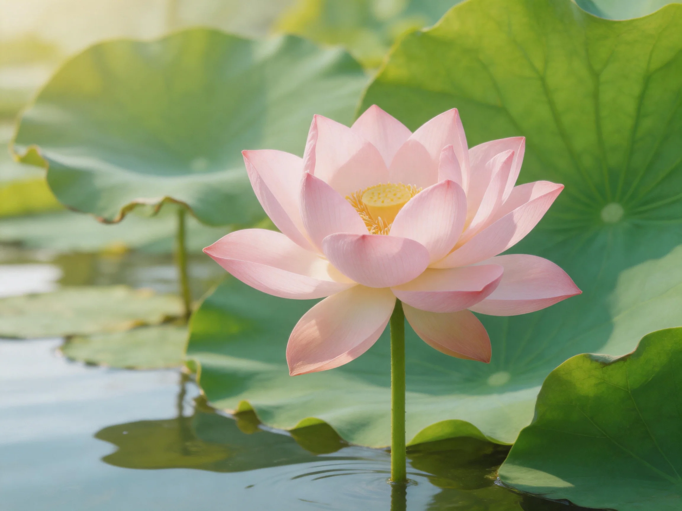 A delicate pink lotus blooms among large green lily pads
