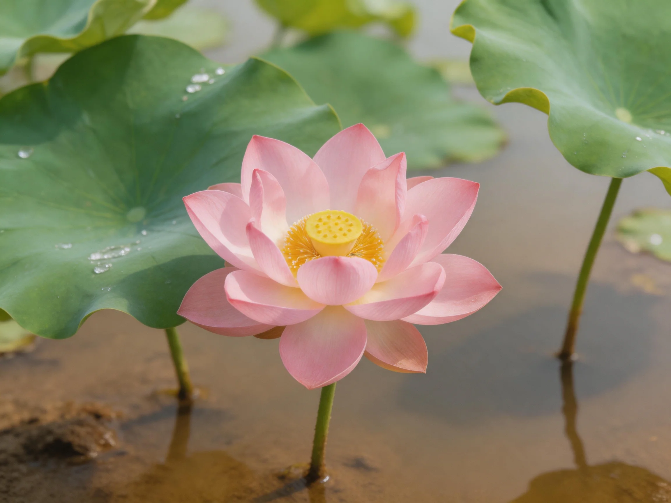 A delicate pink lotus blooms among large green lily pads in calm water