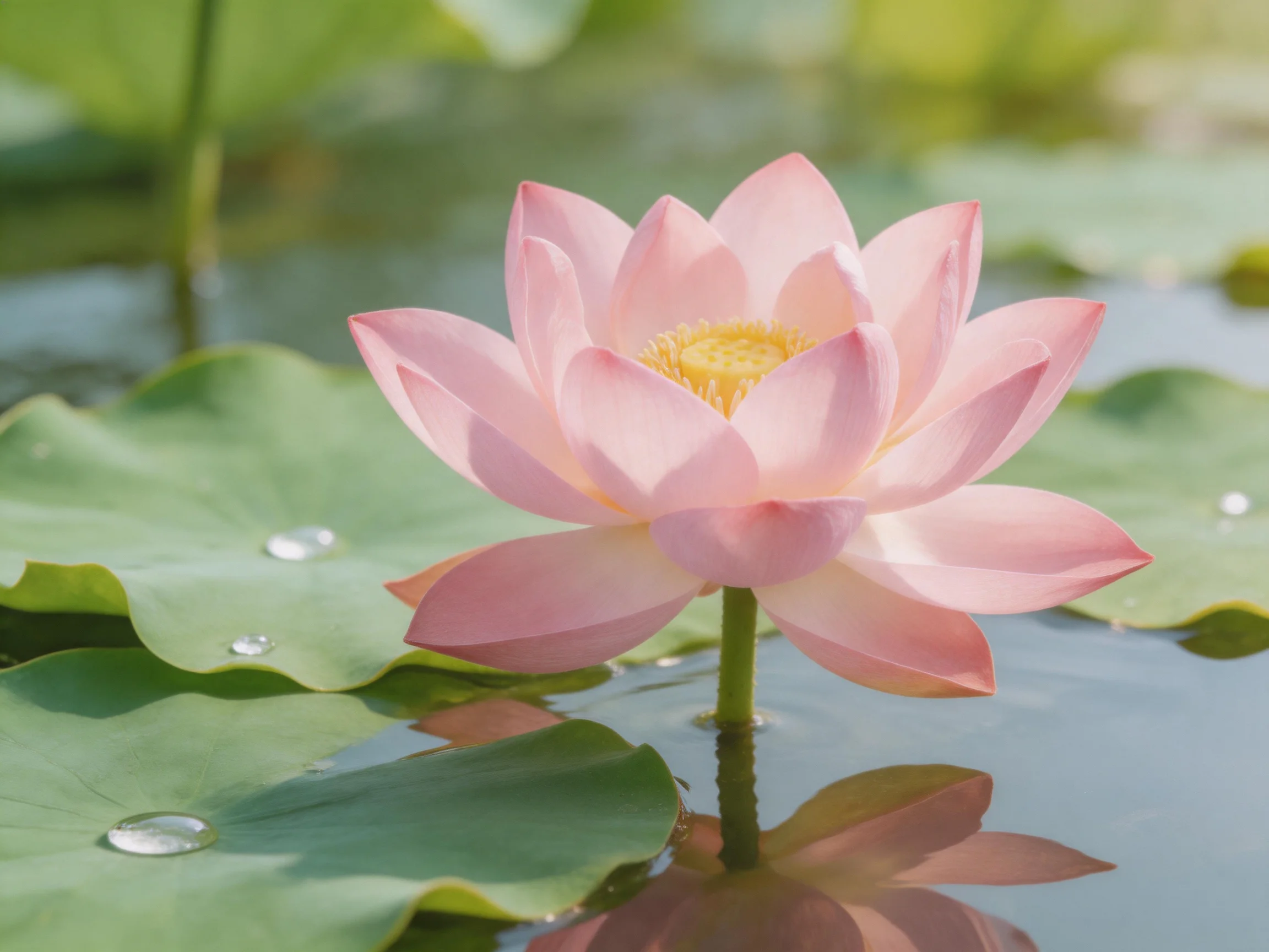 A delicate pink lotus blooms among large green lily pads in calm water