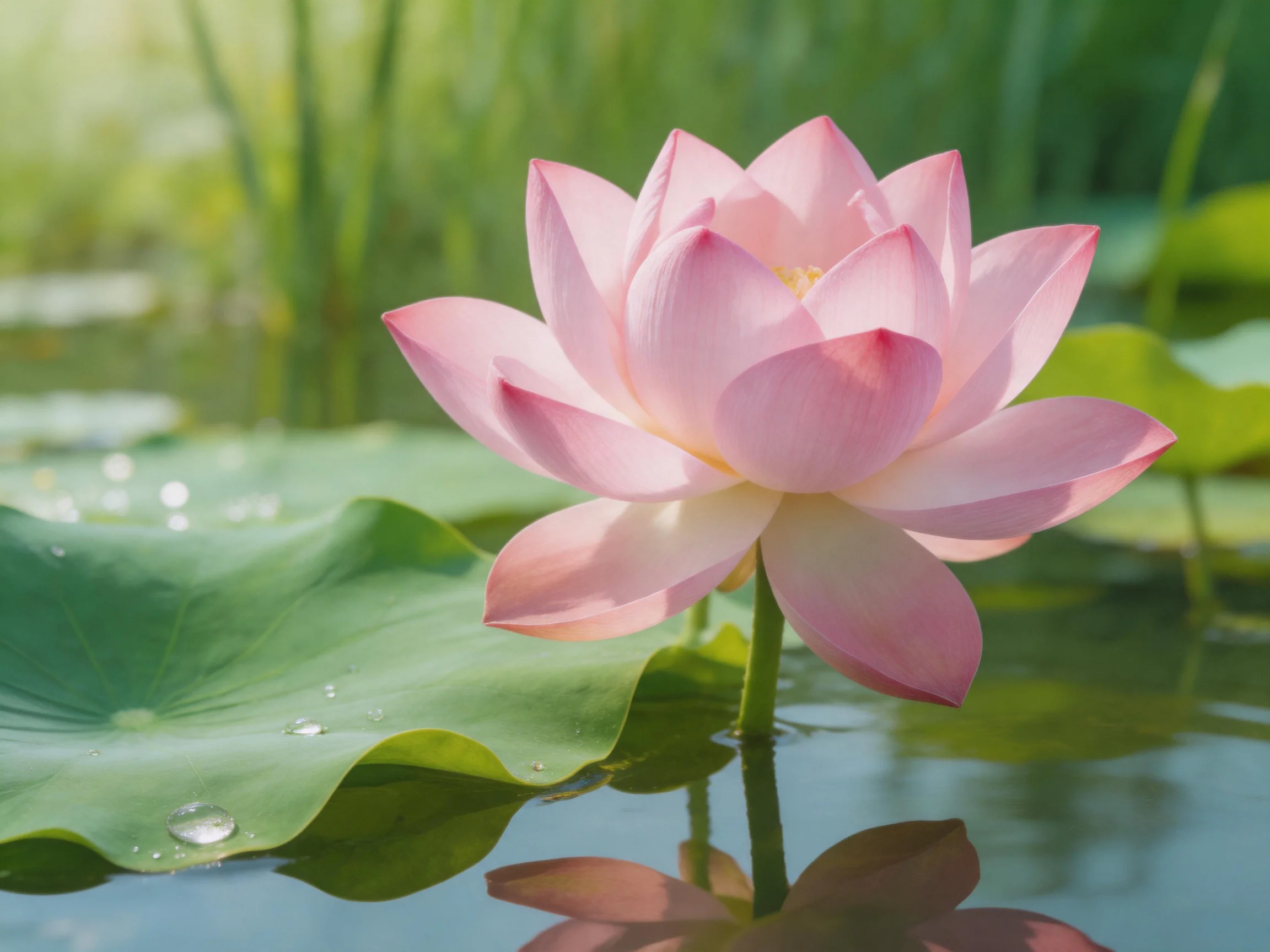 A delicate pink lotus blooms beside large green lily pads in calm water