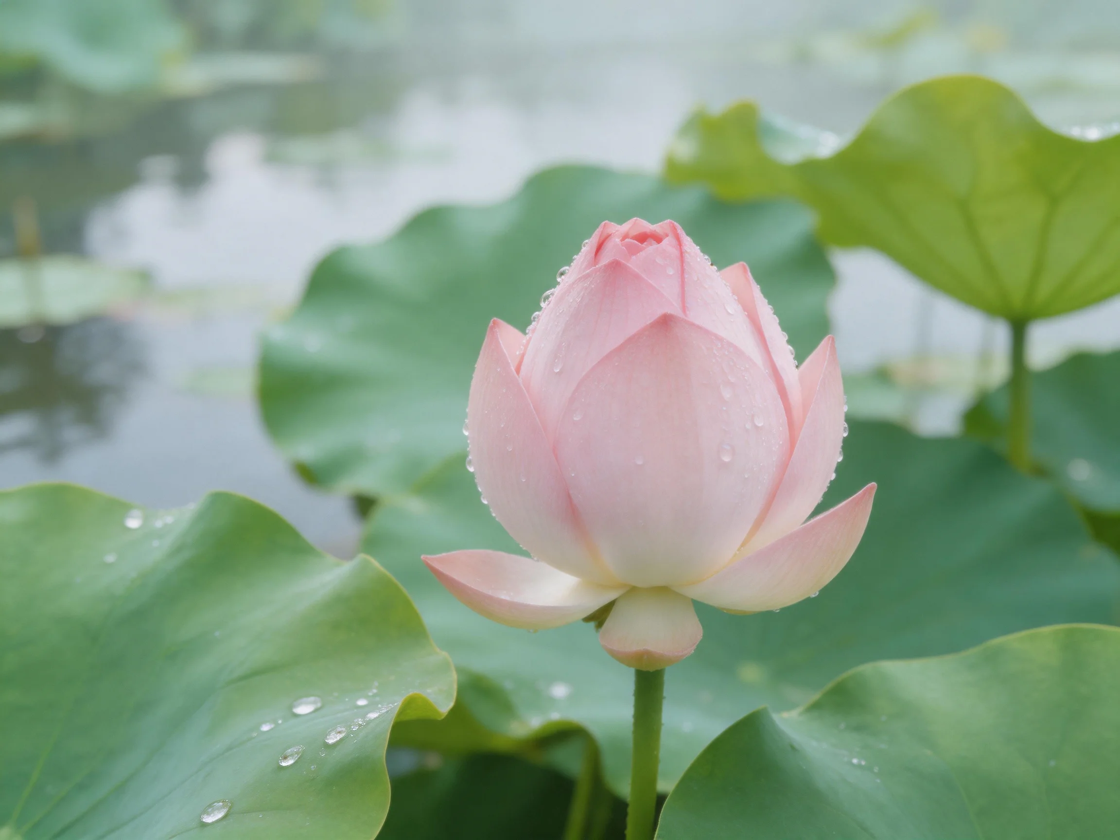 A delicate pink lotus bud surrounded by large green lily pads near calm water