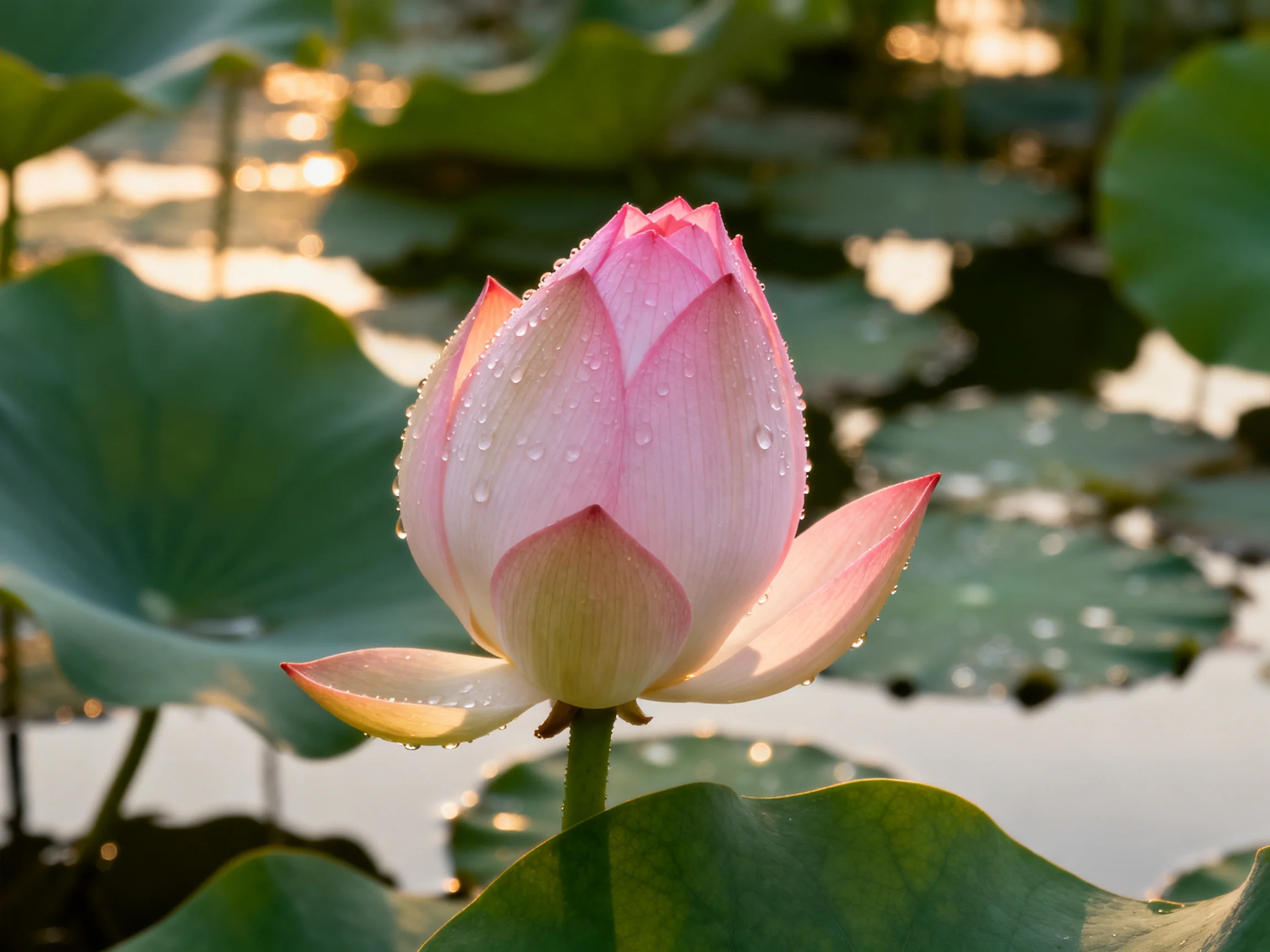 A delicate pink lotus bud with dew drops amid green lily pads