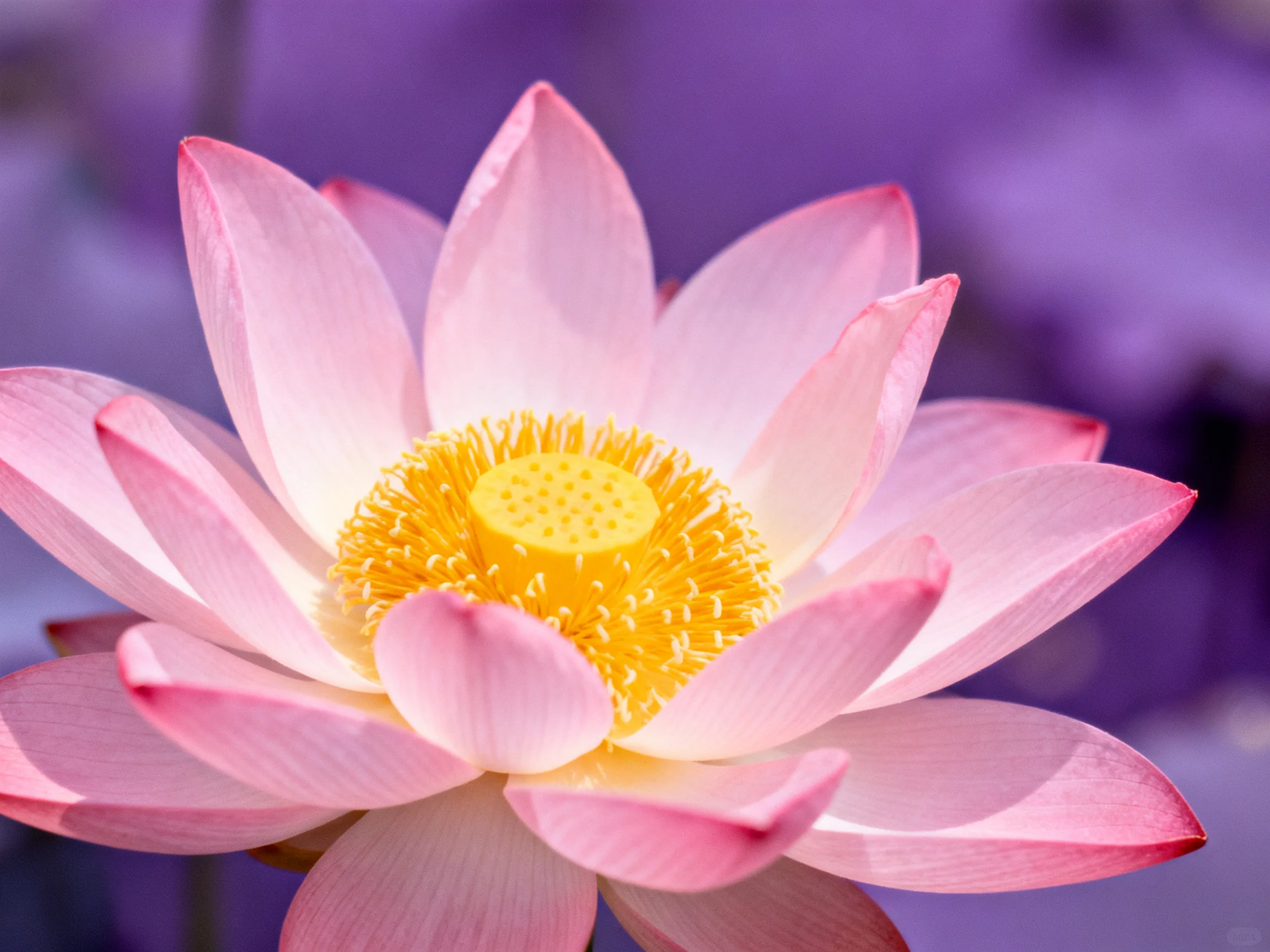 A delicate pink lotus flower with bright yellow center