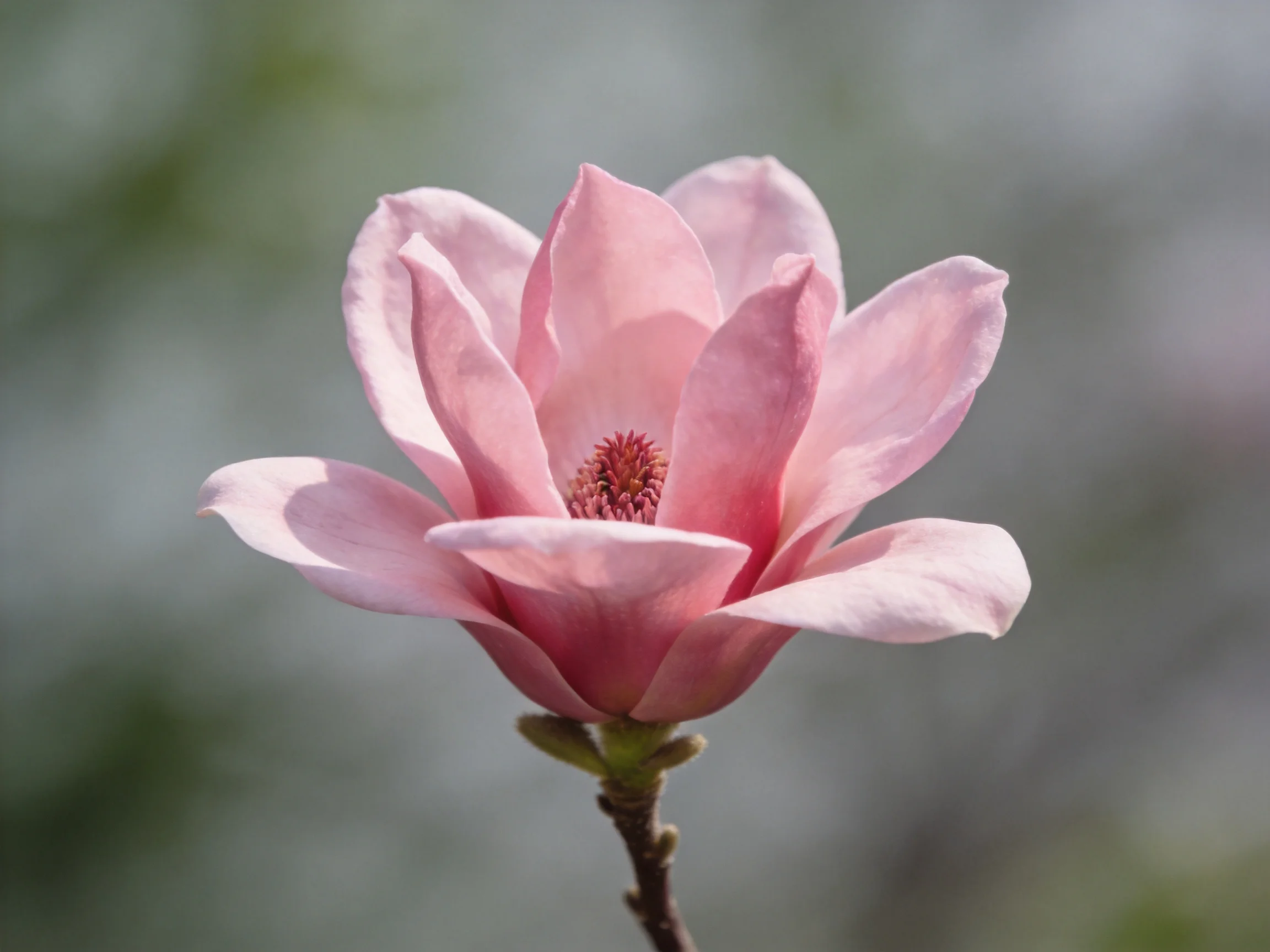 A delicate pink magnolia flower in soft focus against blurred greenery