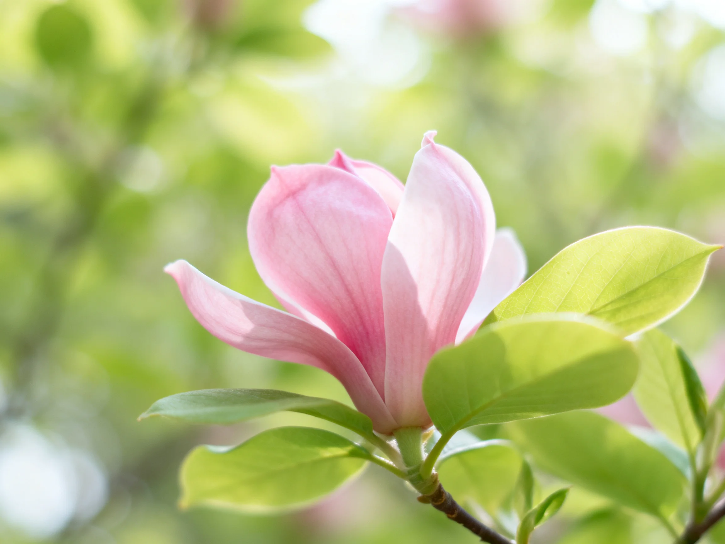 A delicate pink magnolia flower surrounded by vibrant green leaves