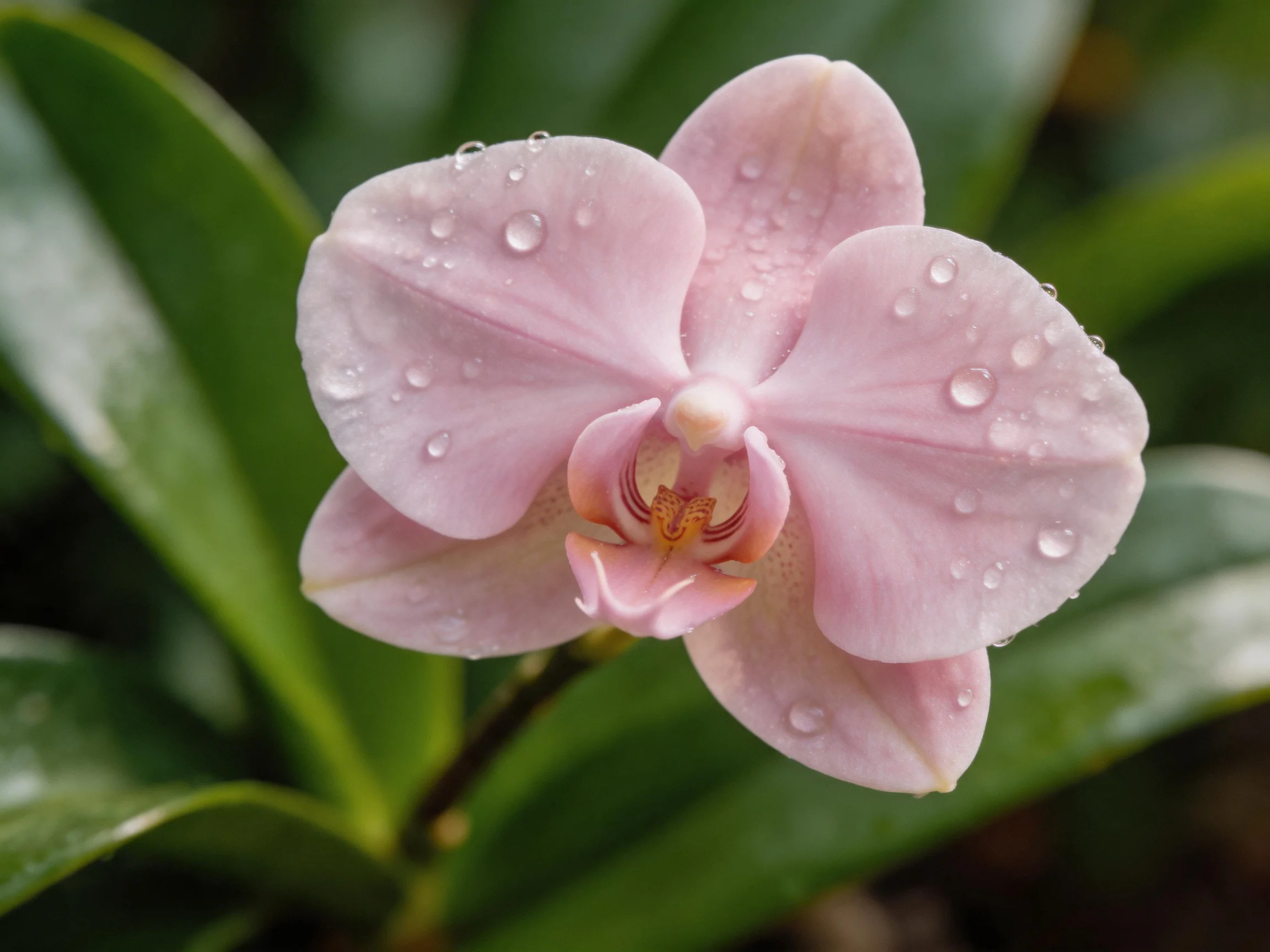 A delicate pink orchid with water droplets among lush green leaves