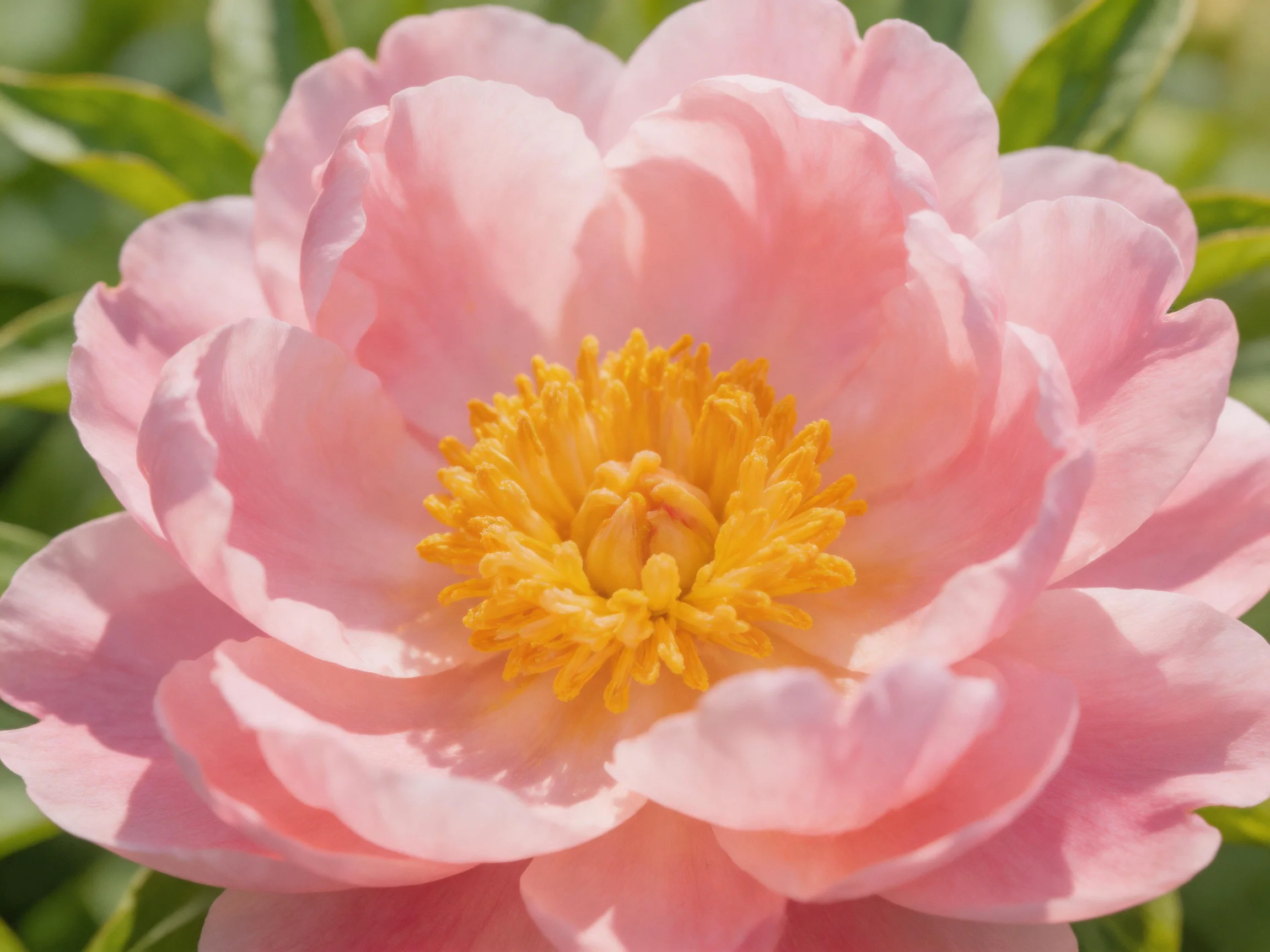 A delicate pink peony bloom with vibrant yellow center