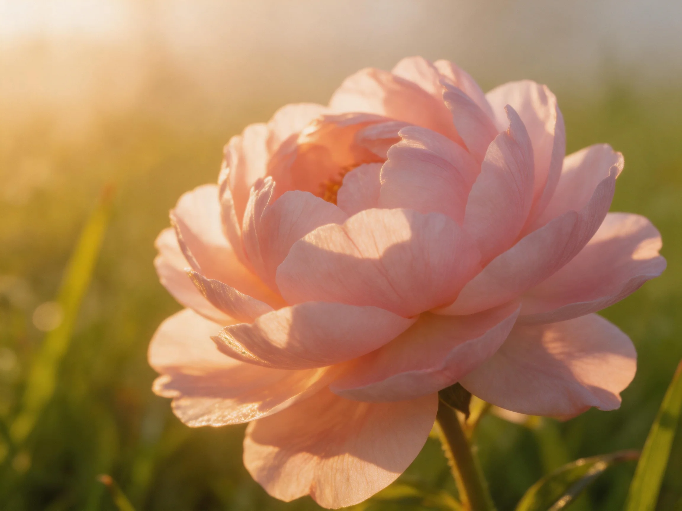 A delicate pink peony blooms in warm golden sunlight