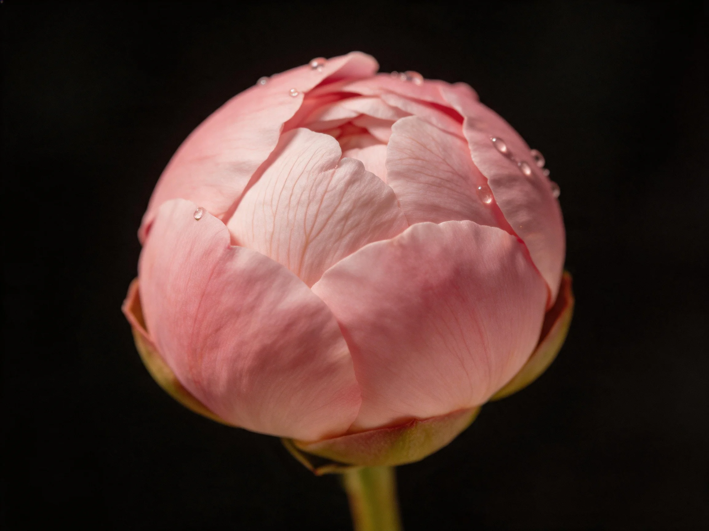 A delicate pink peony bud adorned with glistening water droplets
