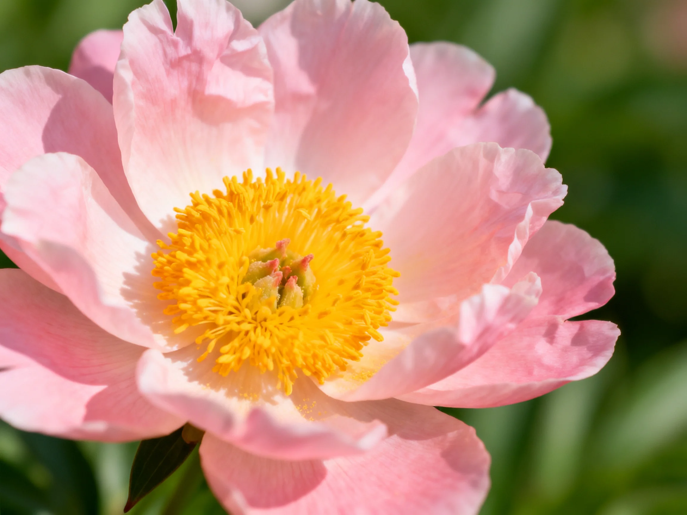 A delicate pink peony with a vibrant yellow center