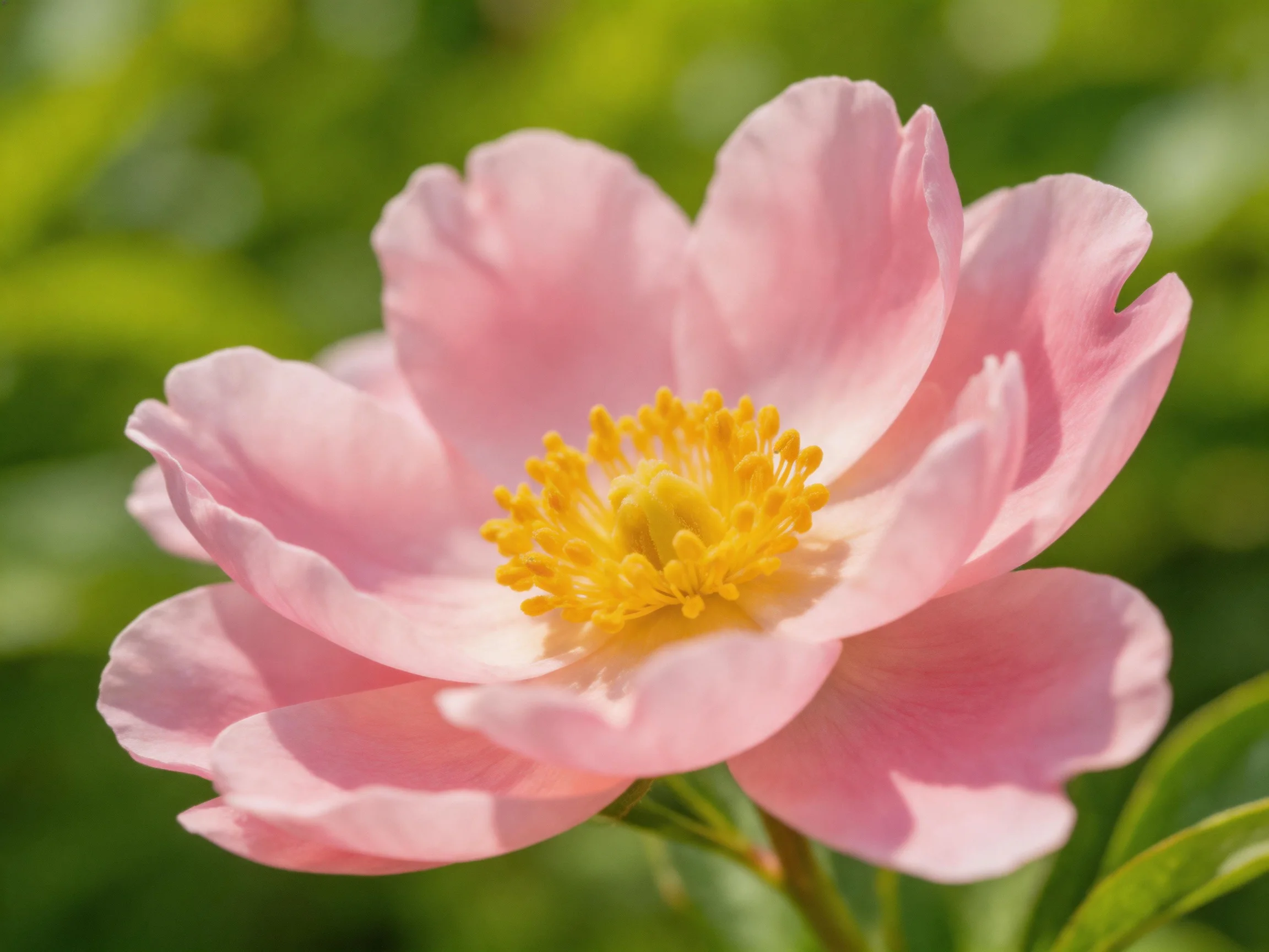 A delicate pink peony with vibrant yellow center amidst lush greenery