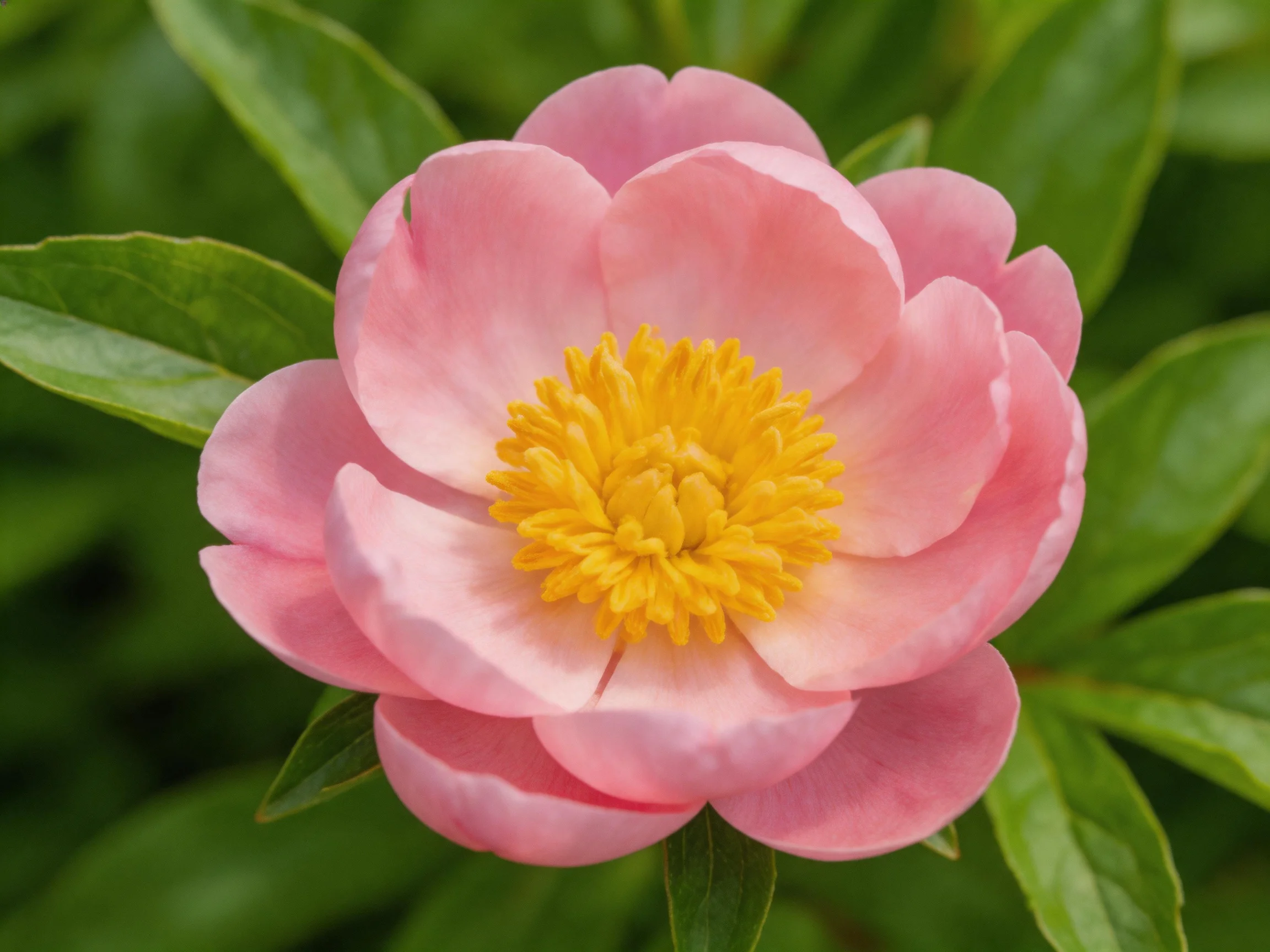 A delicate pink peony with vibrant yellow center and lush green foliage