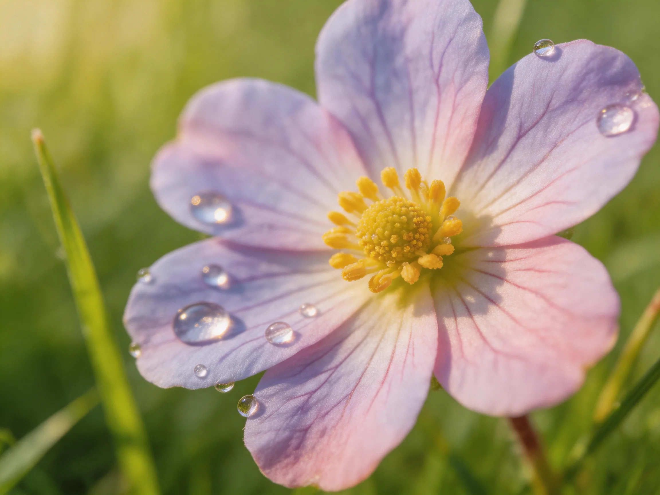 A delicate pink-purple flower with glistening water droplets