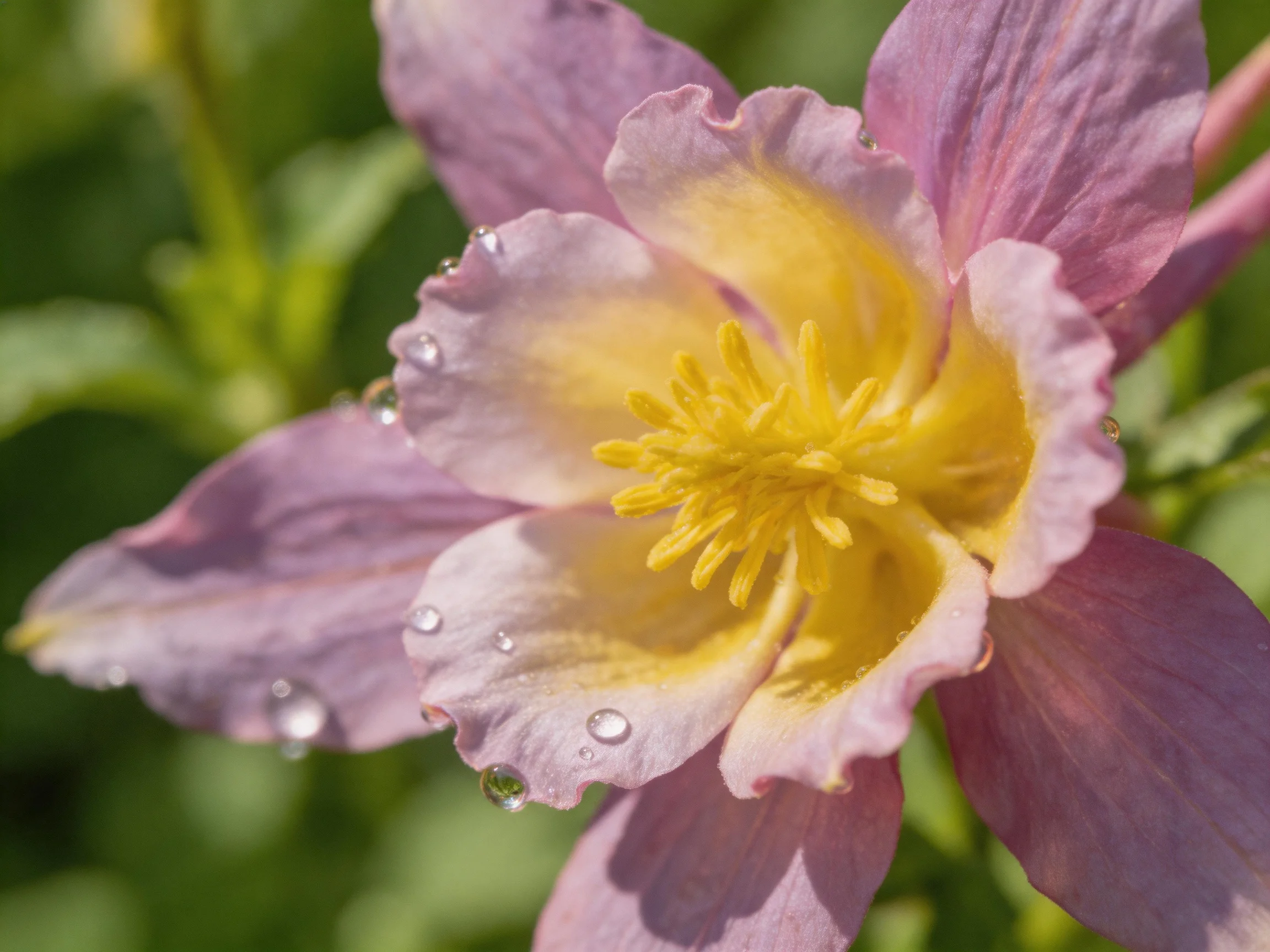 A delicate pink-purple flower with yellow center and water droplets